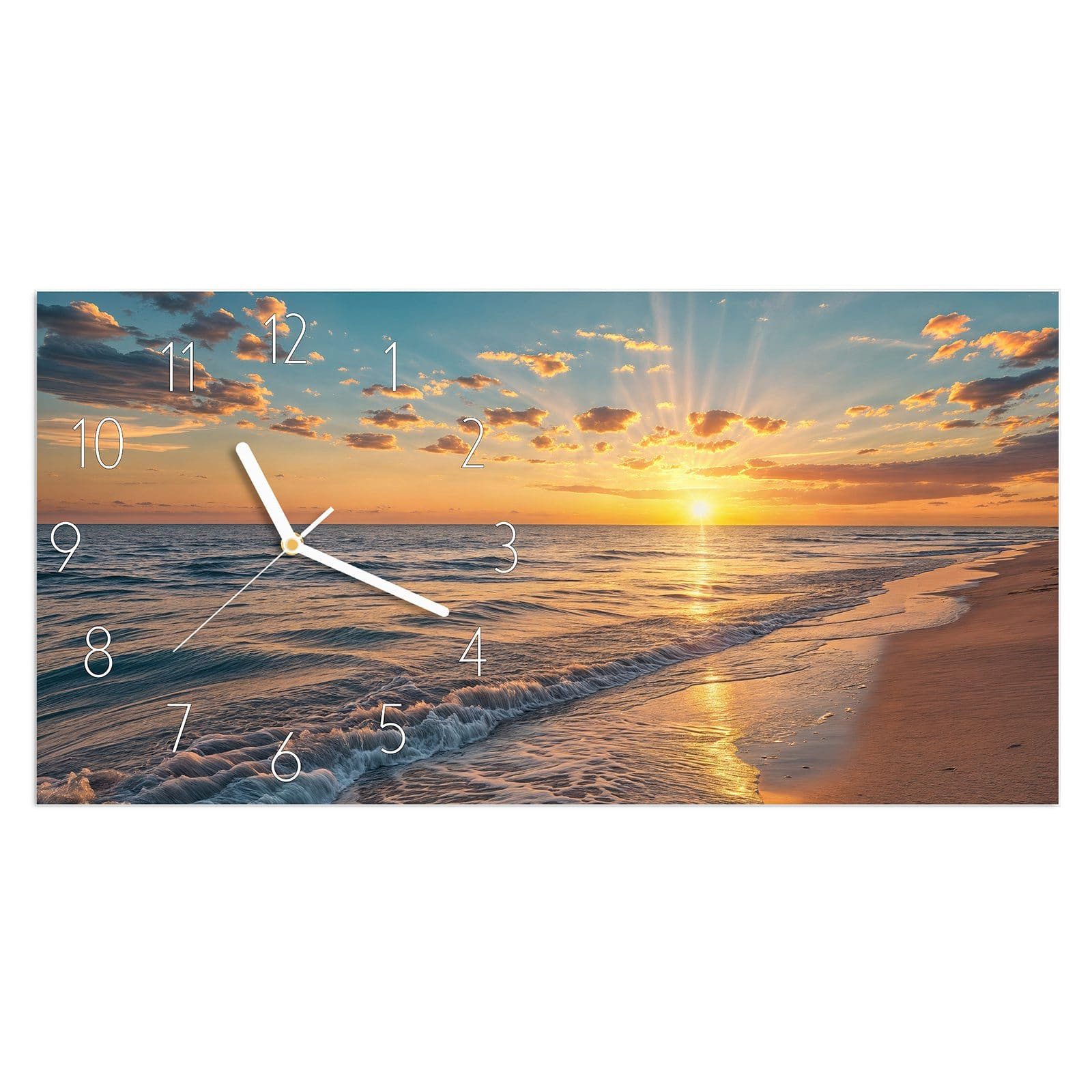 Primedeco Wanduhr Glasuhr Wandkunst Größe 60 x 30 cm mit Motiv Sonnenaufgang Meer