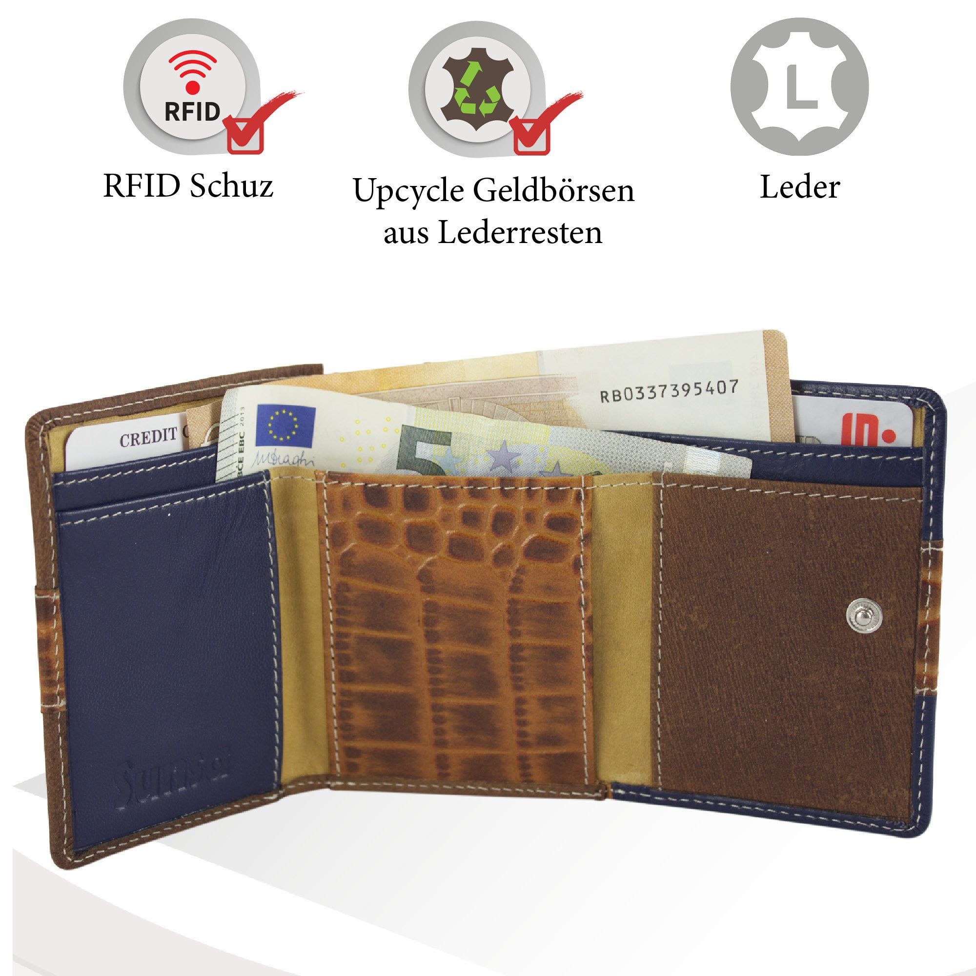Sunsa Mini Geldbörse echt RFID-Schutz, Leder recycelten Damen echt Portemonnaie mit Leder, Brieftasche, aus Unisex Lederresten, schwarz/geldb/grün Geldbeutel kleine Geldbörse