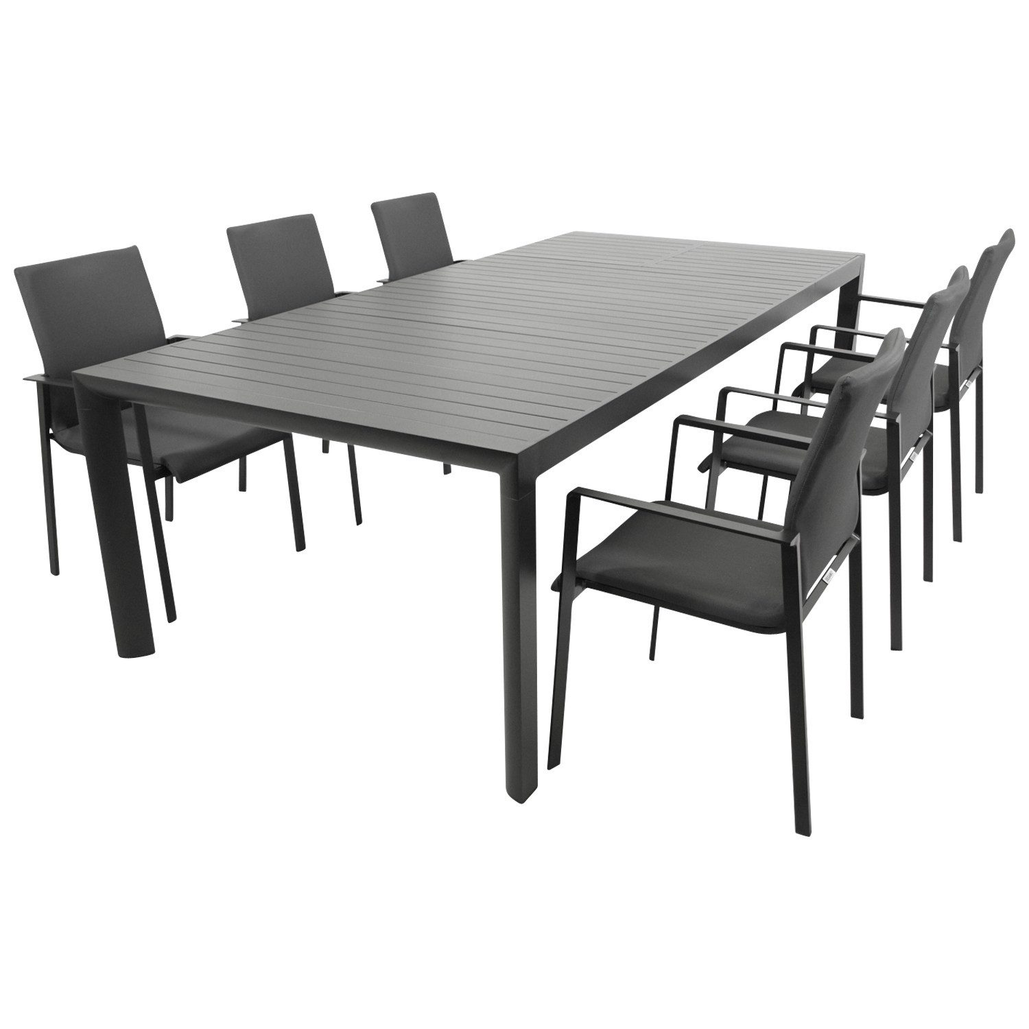 DEGAMO Garten-Essgruppe LAGOS XL, (7-tlg., 6x Stapelsessel, 1x Ausziehtisch), Alu anthrazit, Stapelsessel, Tisch mit Seitenauszug 195/255x120cm