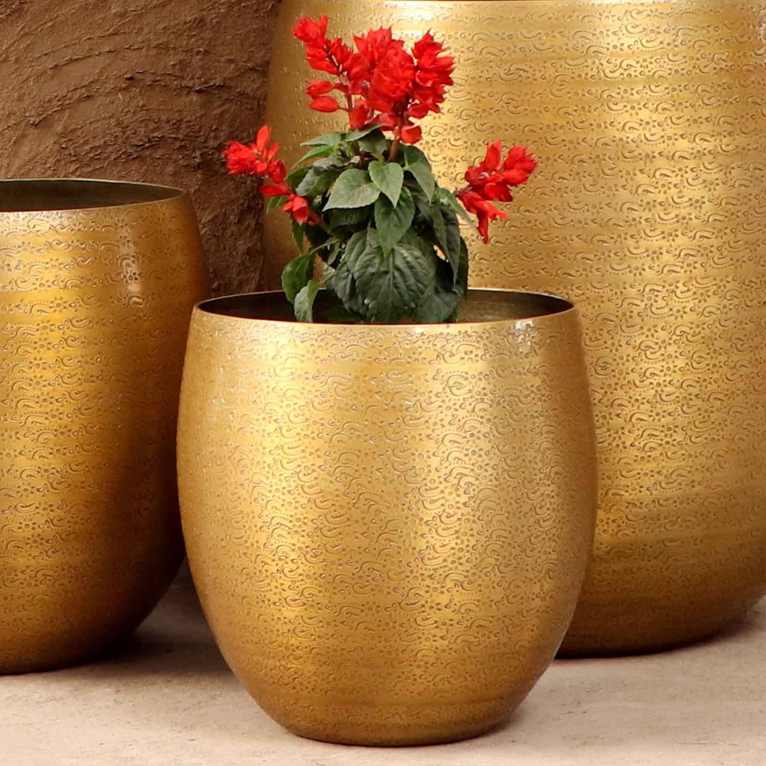 Casa Moro Pflanzkübel Orientalischer Blumentopf Leon Gold Aluminium Pflanzgefäß (Pflanztopf Übertopf - Pflanzentopf), Kunsthandwerk mit Hammerschlag verziert