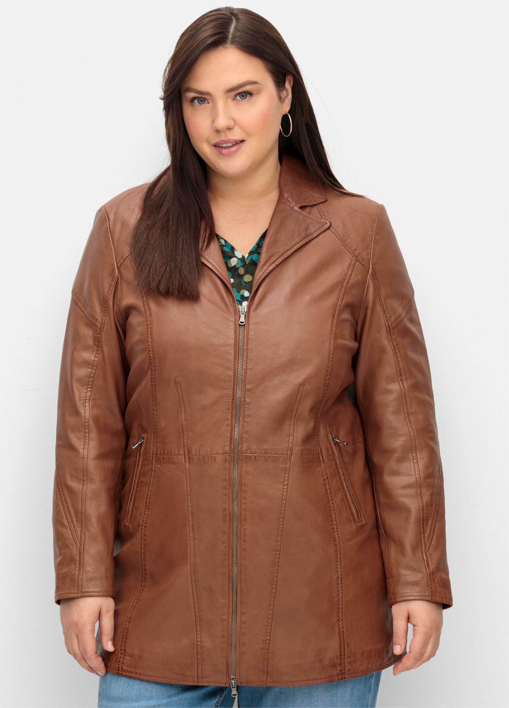 Sheego Allwetterjacke Leder-Jacke Langarm aus Lammnappa, mit Reverskragen