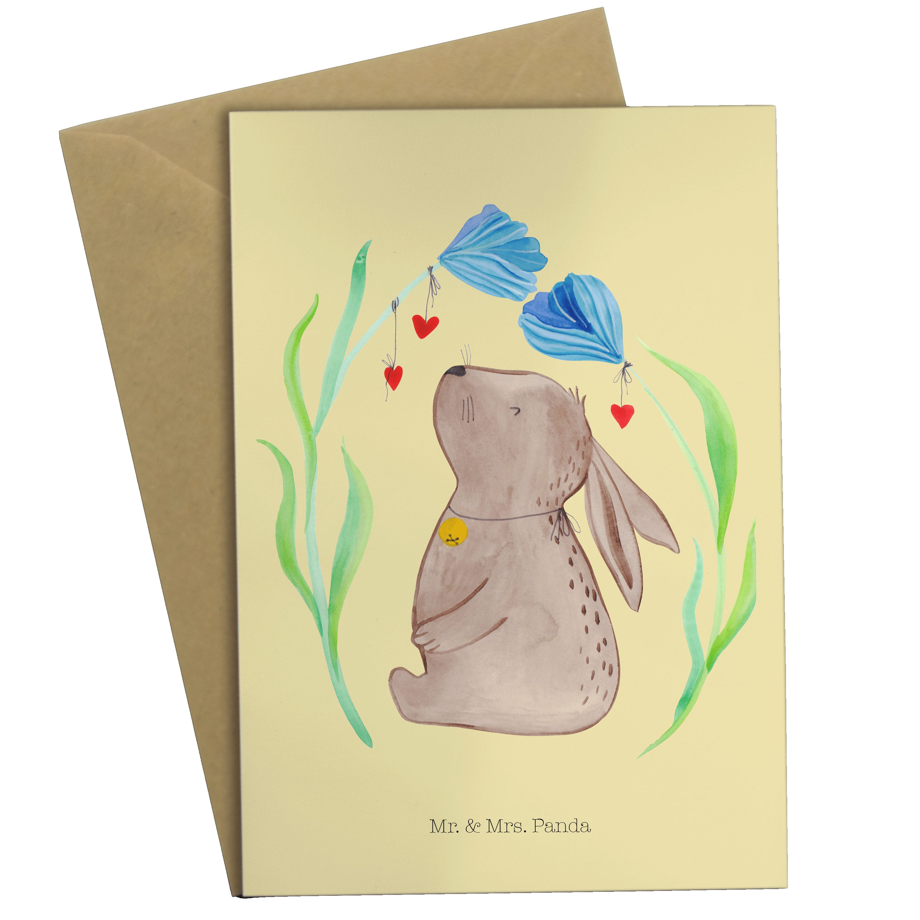 Mr. & Mrs. Panda Grußkarte Hase Blume - Gelb Pastell - Geschenk, Einladungskarte, Klappkarte, Ka