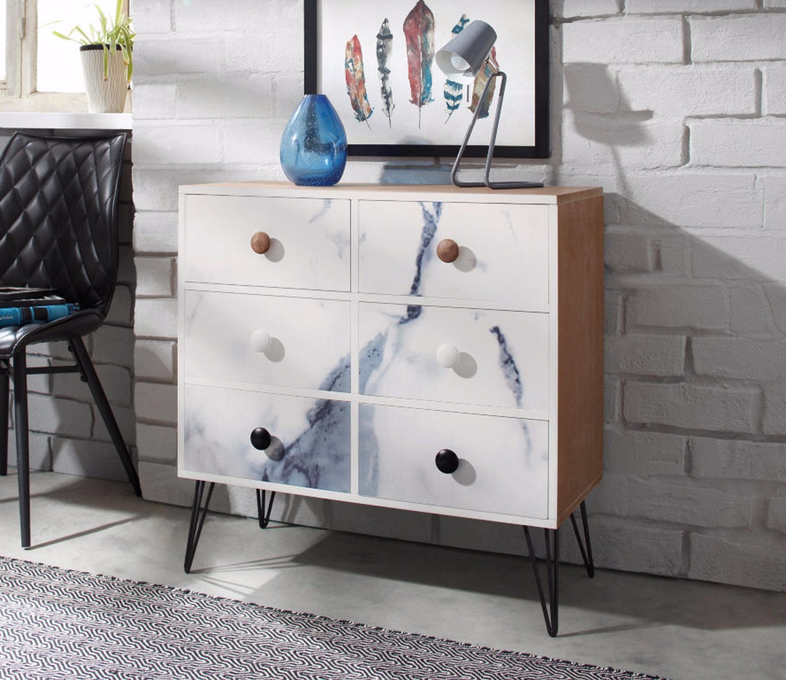 loft24 Kommode Media, Schubladenkommode mit 6 Schubladen, Marmoroptik, 77 cm breit