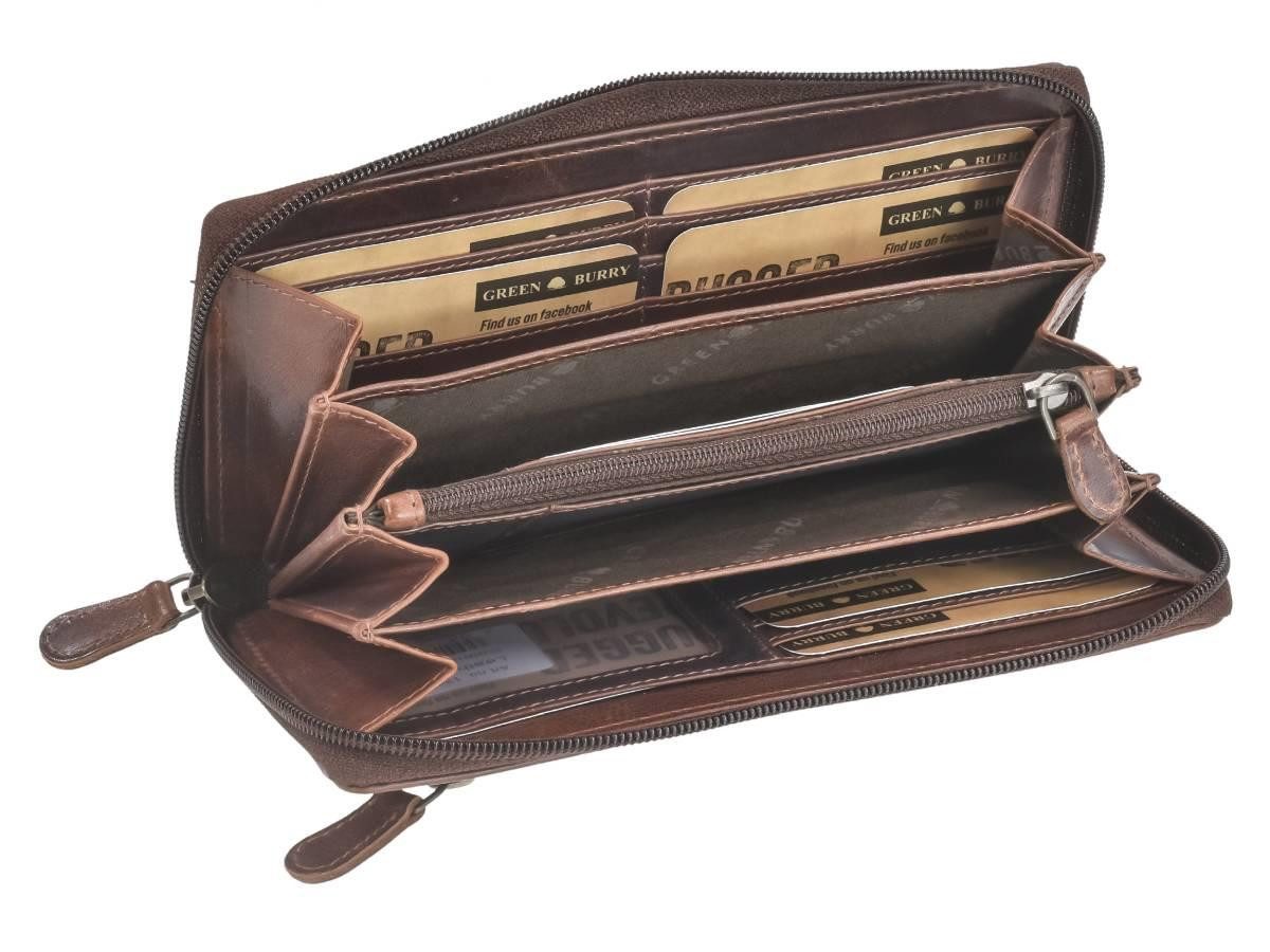 Greenburry Geldbörse "Rugged" Damenbörse Portemonnaie Leder 19x10cm teak braun, Lederbörse, 12 Kartenfächer, RFID-Schutz, Langbörse