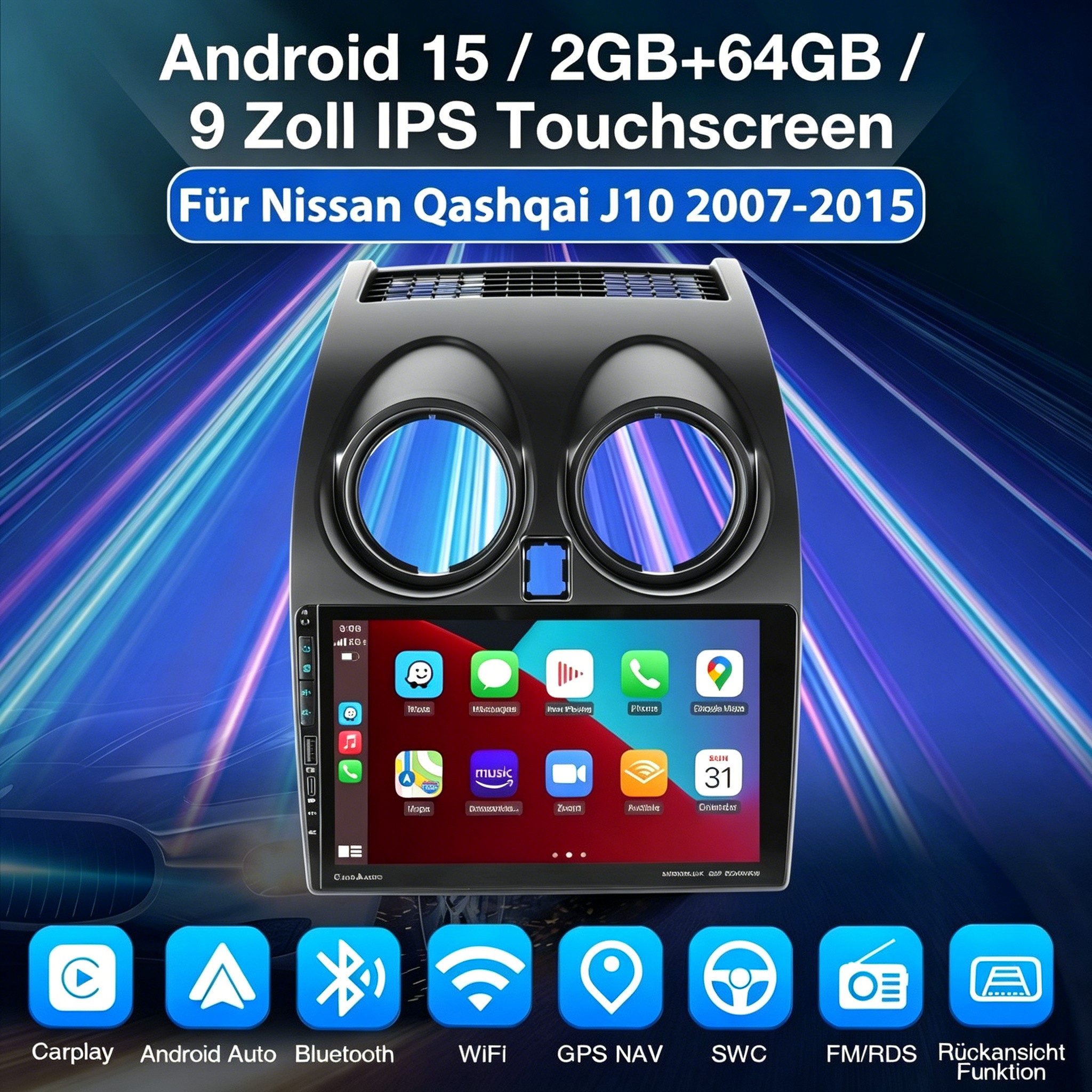 ESSGOO DAB+ Android15 Carplay GPS NAVI mit USB Für Nissan Qashqai J10 2007-15 Autoradio (RDS, 4+64GB(optional), DAB (optional), FM, DAB+ (optional), Carplay Android Auto Bluetooth EQ USB GPS Navi WIFI Touchscreen)