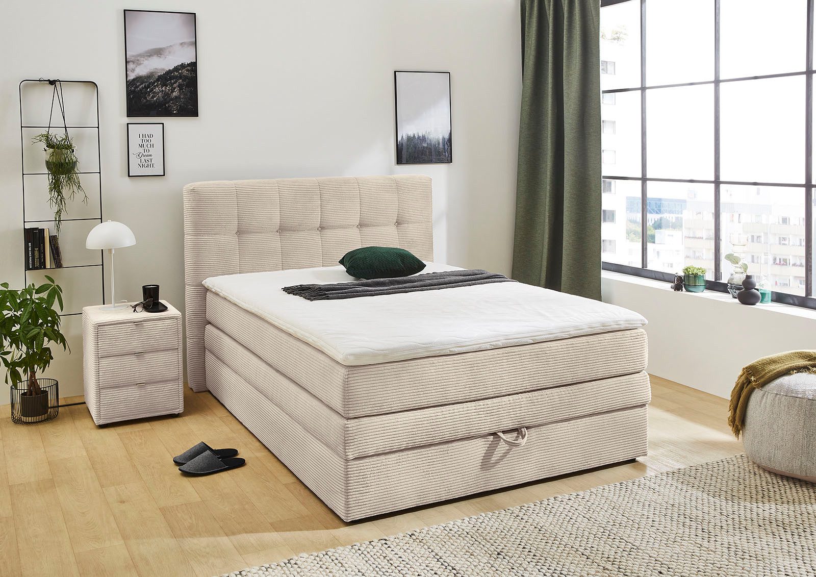 Jockenhöfer Gruppe Boxspringbett AMY in Cord, erhältlich in den Breiten 120cm & 140cm, mit Bettkasten & Topper