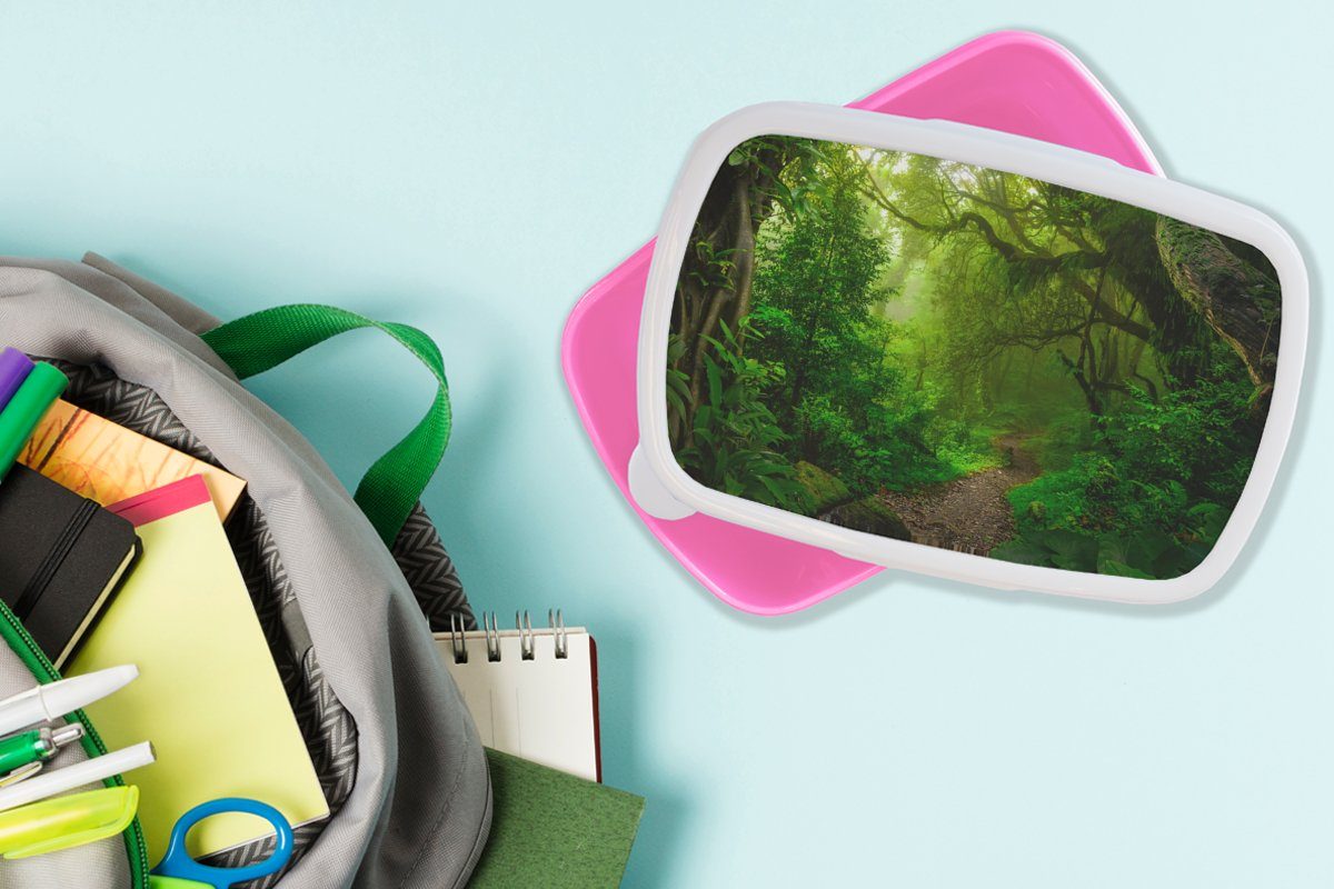 Dschungel Sonne Brotbox - Brotdose Kunststoff (2-tlg), - - Kunststoff, - für Snackbox, Kinder, Lunchbox Landschaft Grün, rosa Mädchen, Erwachsene, MuchoWow Tropisch