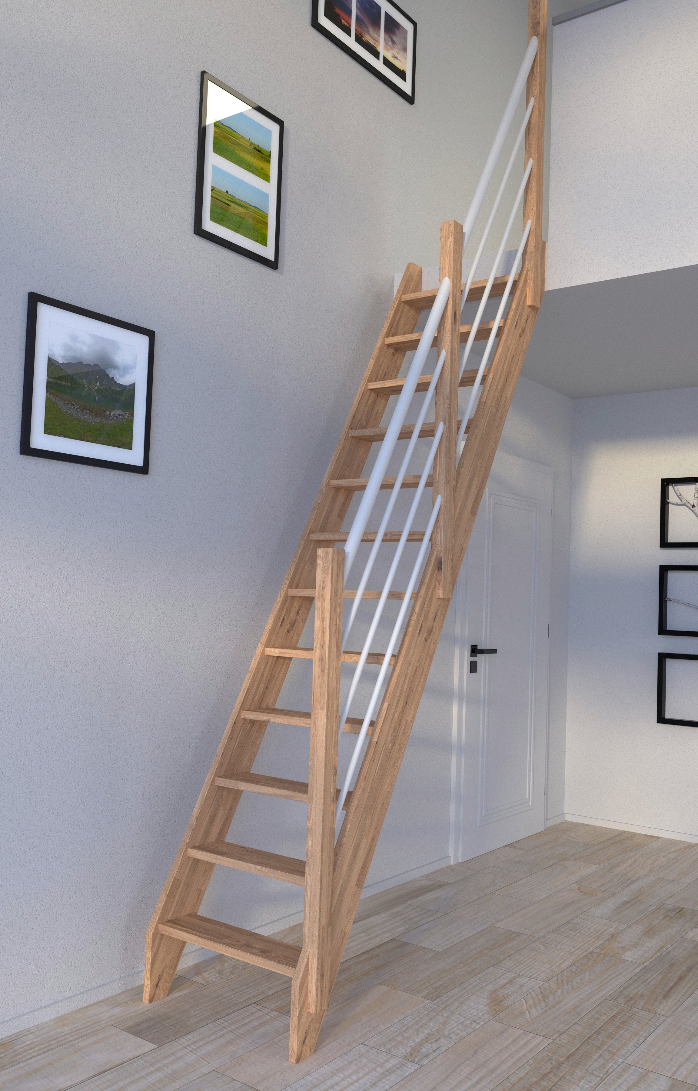 Starwood Raumspartreppe Eiche 3000, Wangenteile Holz-Edelstahl Durchgehende Stufen offen, Rechts, Weiß