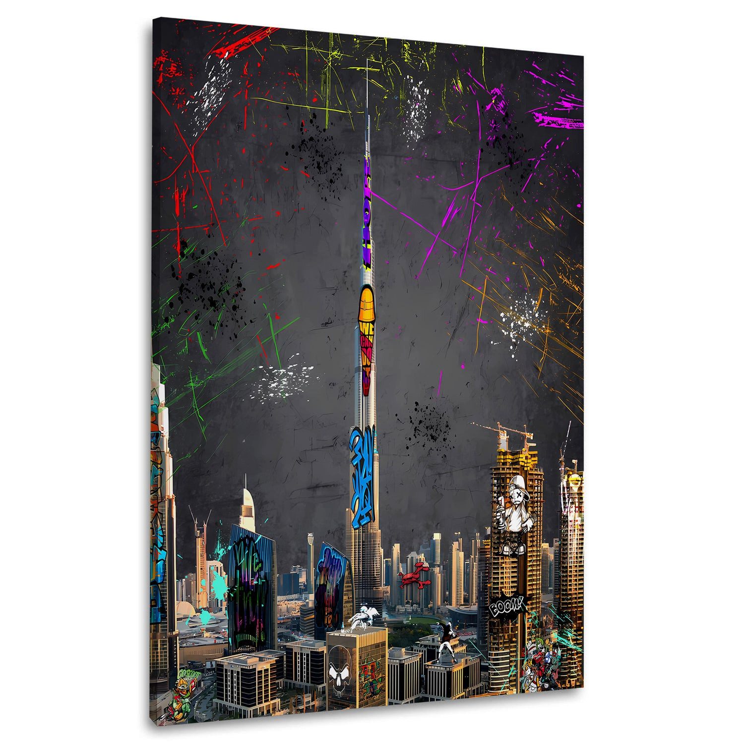 Artedinoi Leinwandbild Graffiti Dubai Skyline Street Art Wandbild Leinwandbild Kunstdruck XL