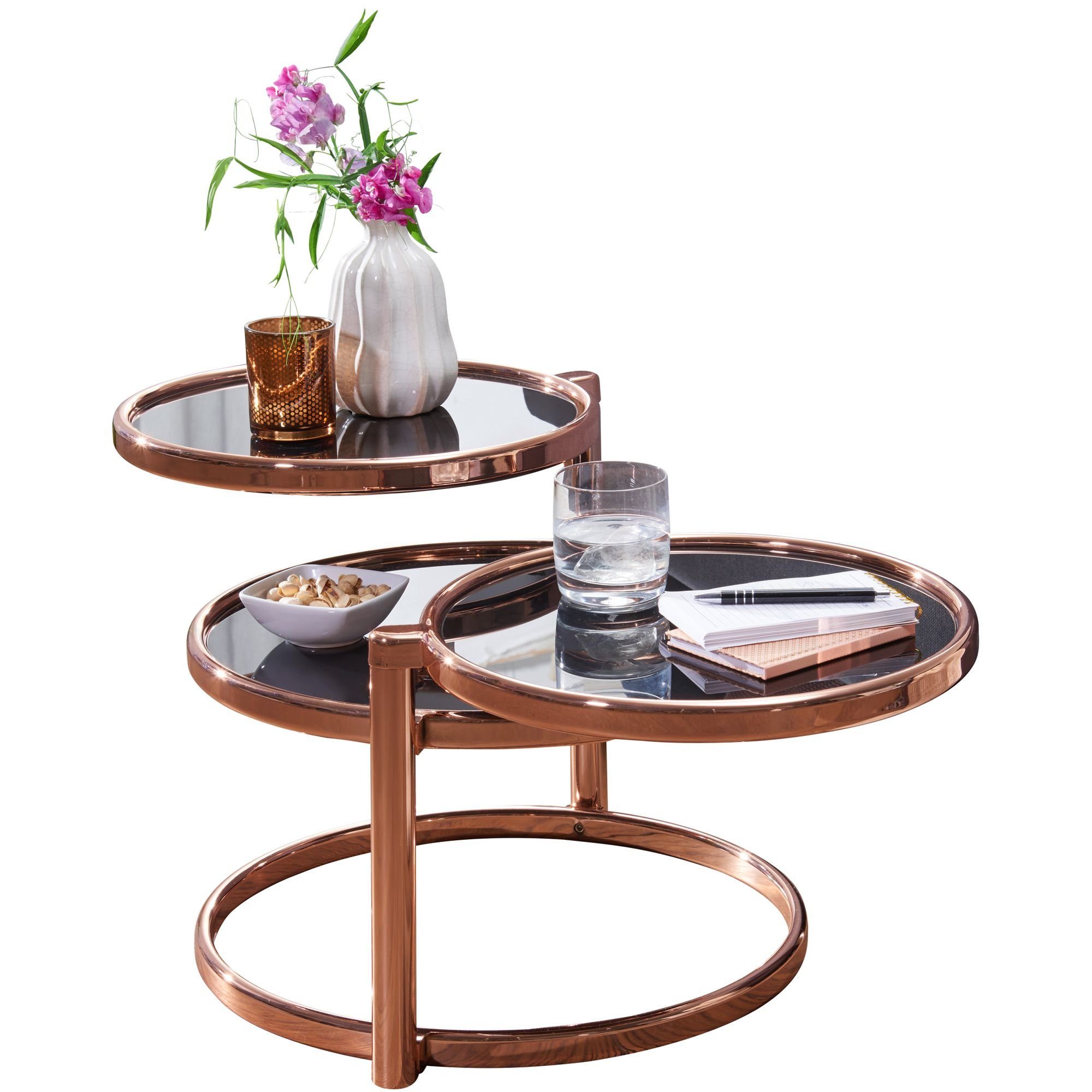 KADIMA DESIGN Bronze Ebenen & für Wohnen Satztisch | stylisches mit 3 Runder flexibles Bronze Glastisch