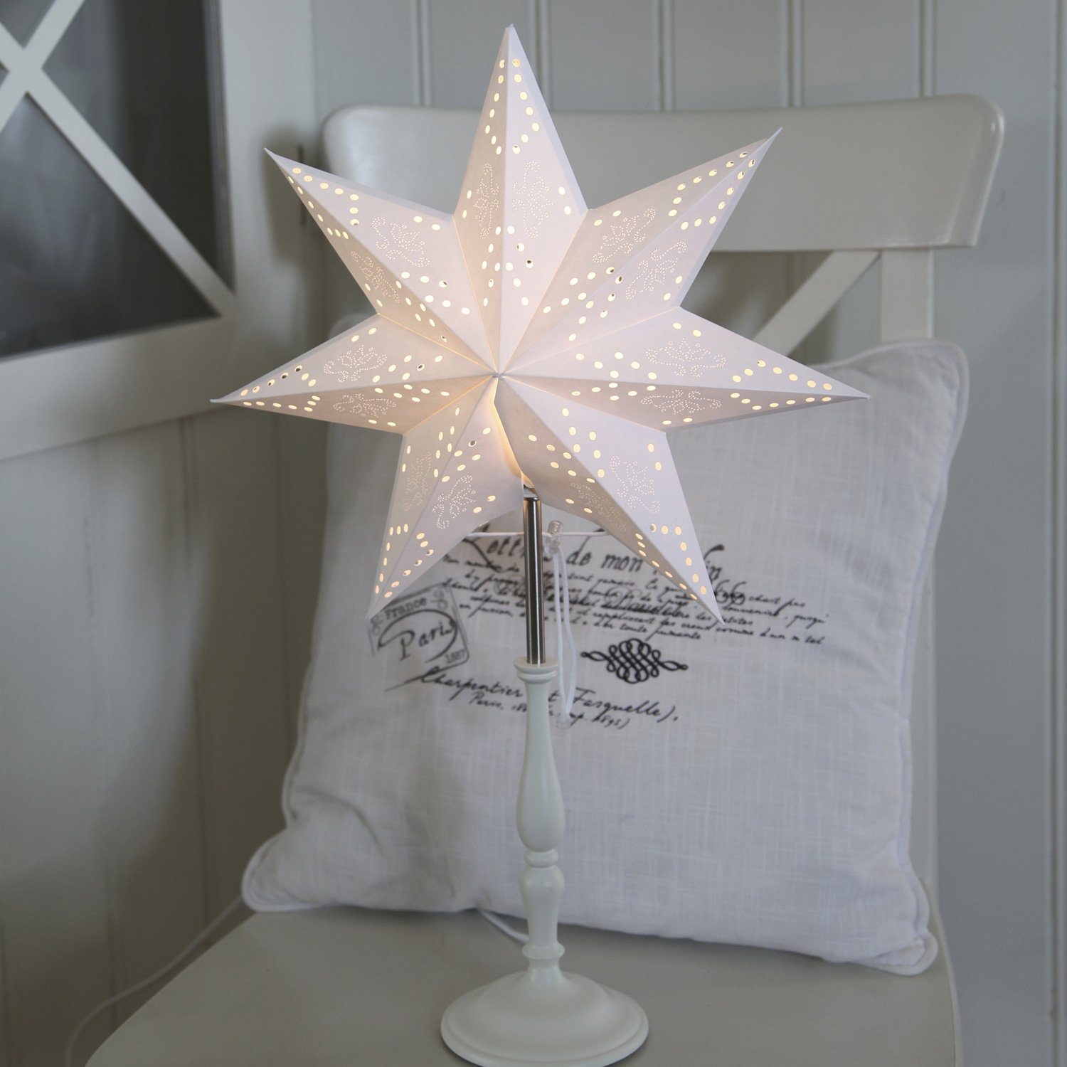 MARELIDA LED Stern Papierstern Weihnachtsstern Romantic stehend 7-zackig D:  35cm E14 mit Kabel weiß