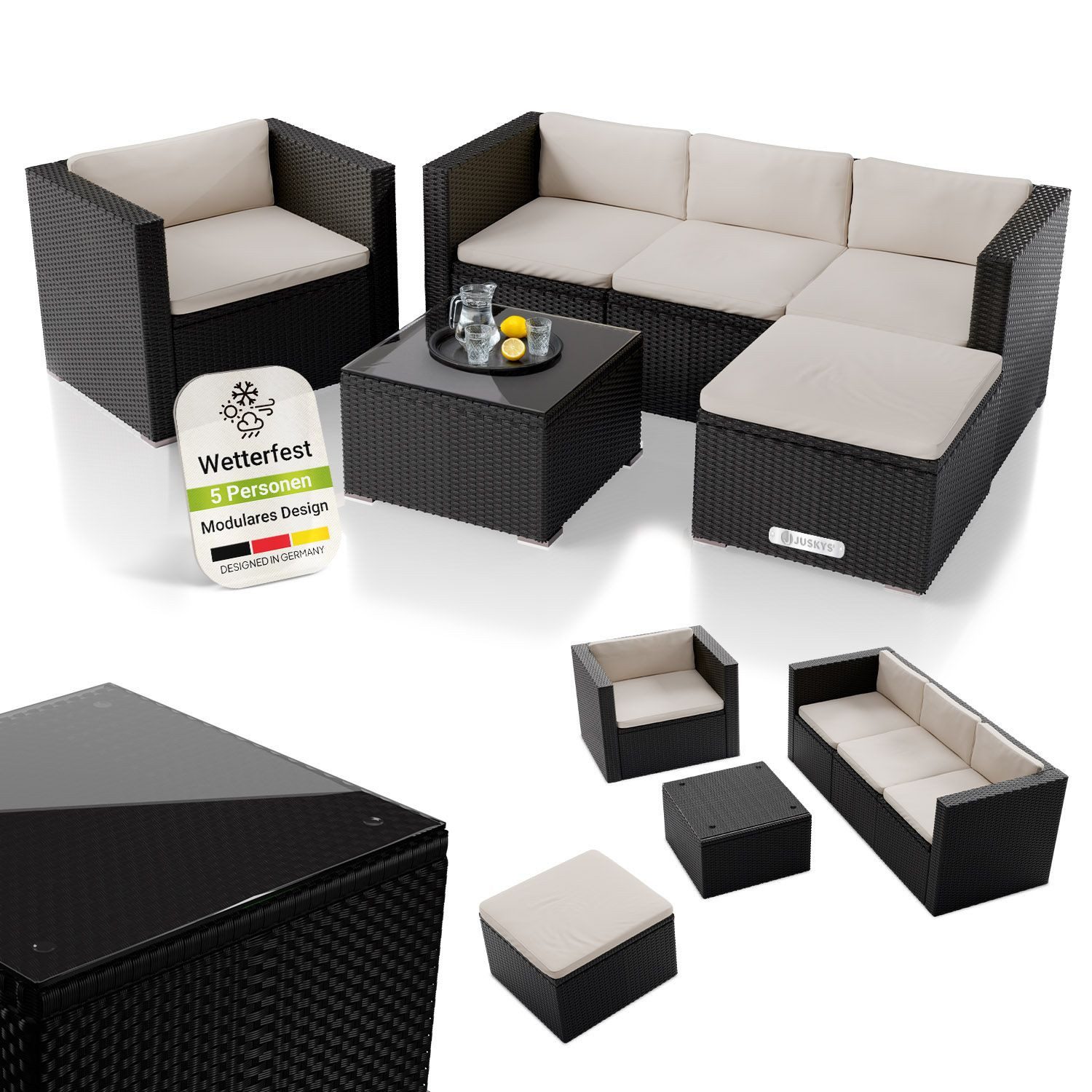 Juskys Gartenlounge-Set Punta Cana, (Set, Sitzgruppe), Polyrattan Sitzgarnitur, 1 Tisch, 1 Ecksofa, 1 Sessel und 1 Hocker