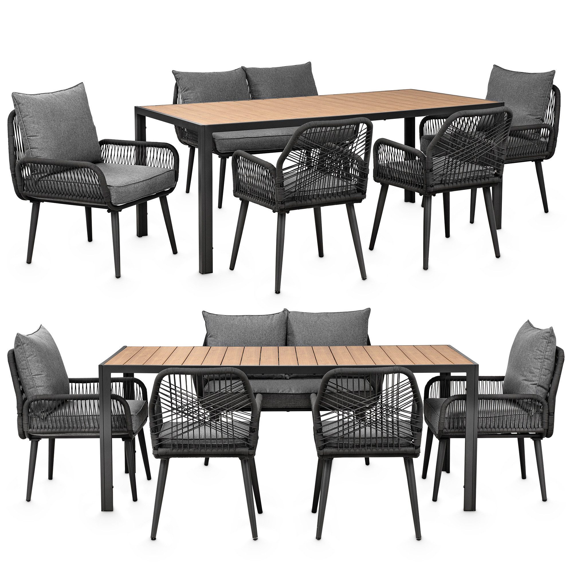 Swing&Harmonie Gartenlounge-Set für 4-6 Personen mit Tisch, Sofa, Stühle, (wetterfest, WPC-Tischplatte, Seilgeflecht Lounge, inkl. Kissen Sienna Garten Sitzgruppe)