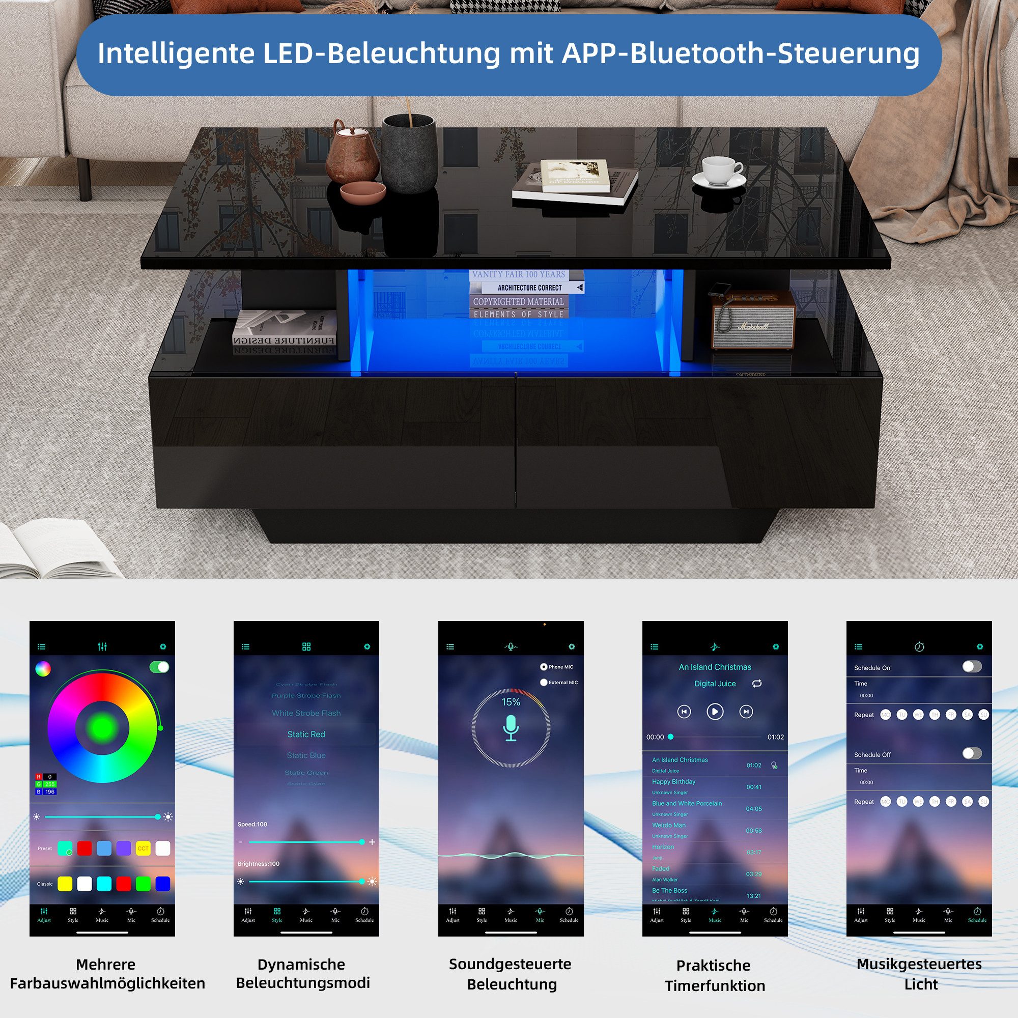 Merax Couchtisch hochglanz Sofatisch Beistelltisch mit LED-Beleuchtung (90x55x41 cm), Wohnzimmertisch mit 2 Schubladen und Stauraum inkl. Fernbedienun