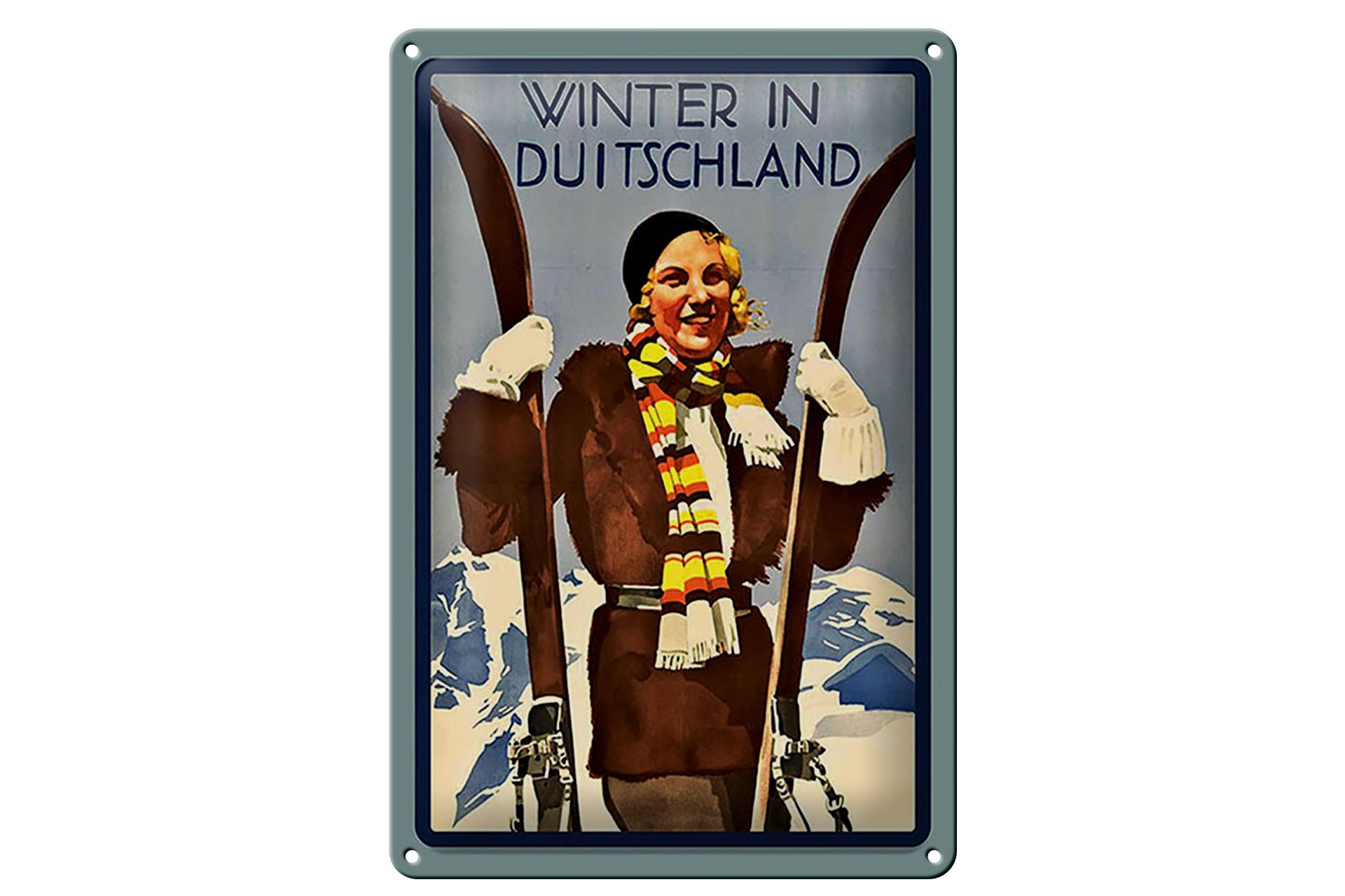 Femer GmbH Metallbild Reise 20x30 cm Winter in Duitschland Frau mit Ski