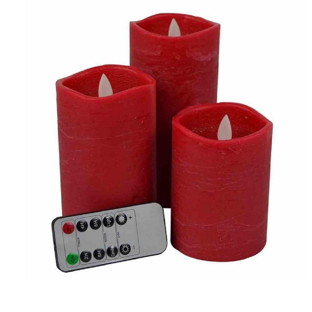 FHS LED-Kerze 3er LED Echtwachskerzen Set rot FB Timer Dimmer Fl