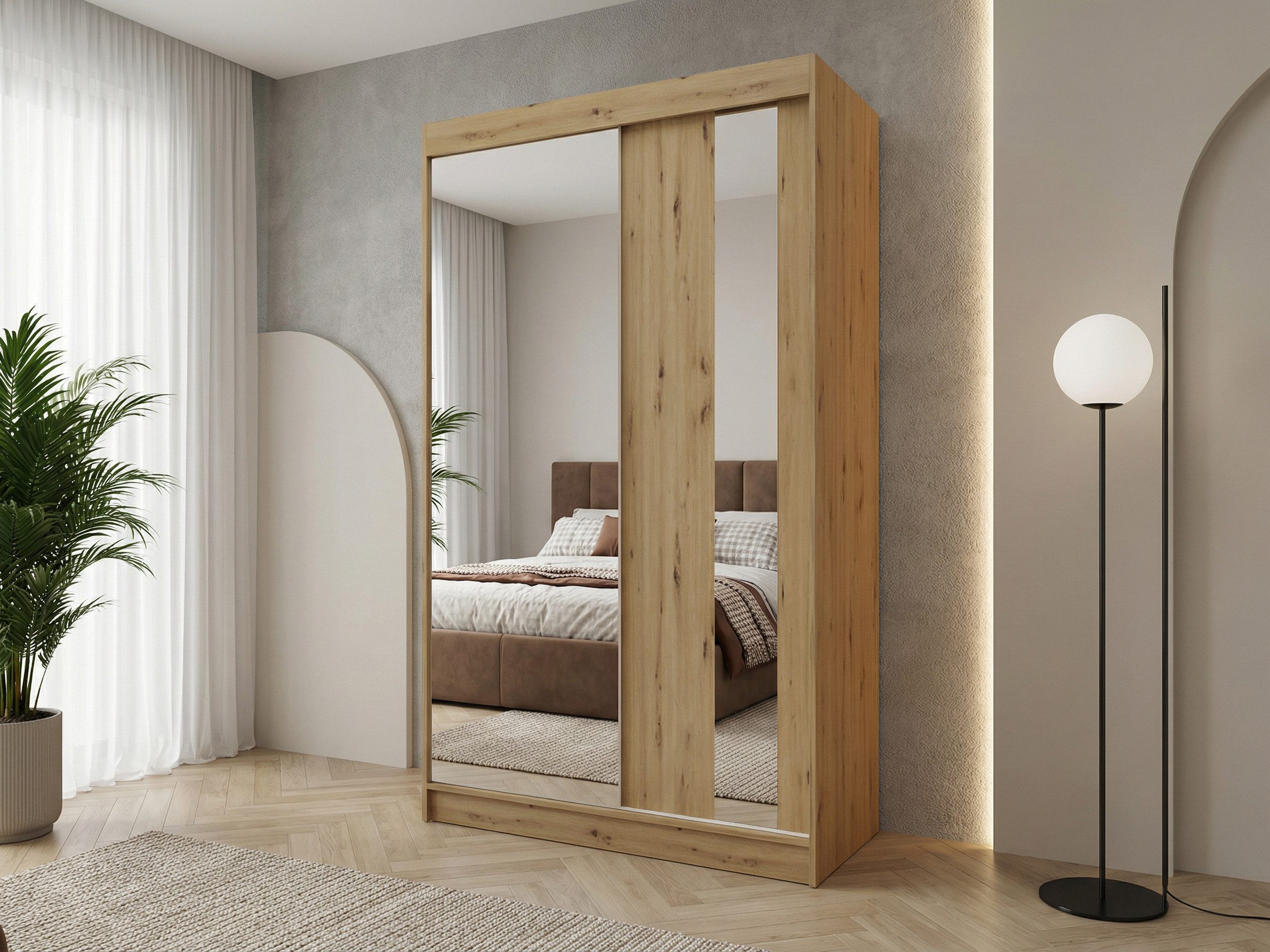 Beautysofa Schwebetürenschrank Gaja (weiß, schwarz, graphit, artisan, Kaschmir Farbe) mit Schubladen, Spiegeln und Kleiderstange