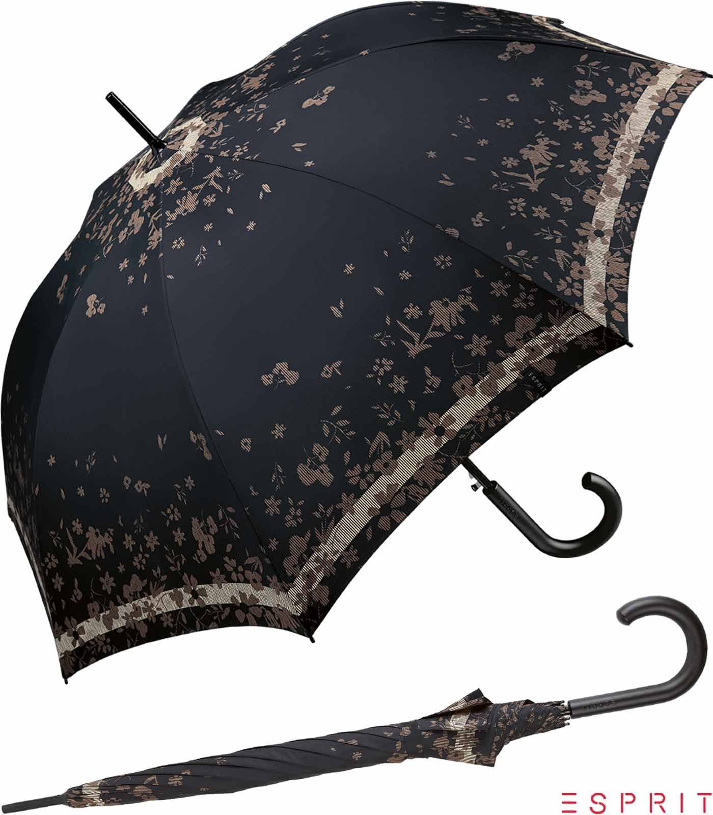 Esprit Langregenschirm Damen mit Auf-Automatik Poetry Flower - black, groß, stabil, mit Blumenmuster