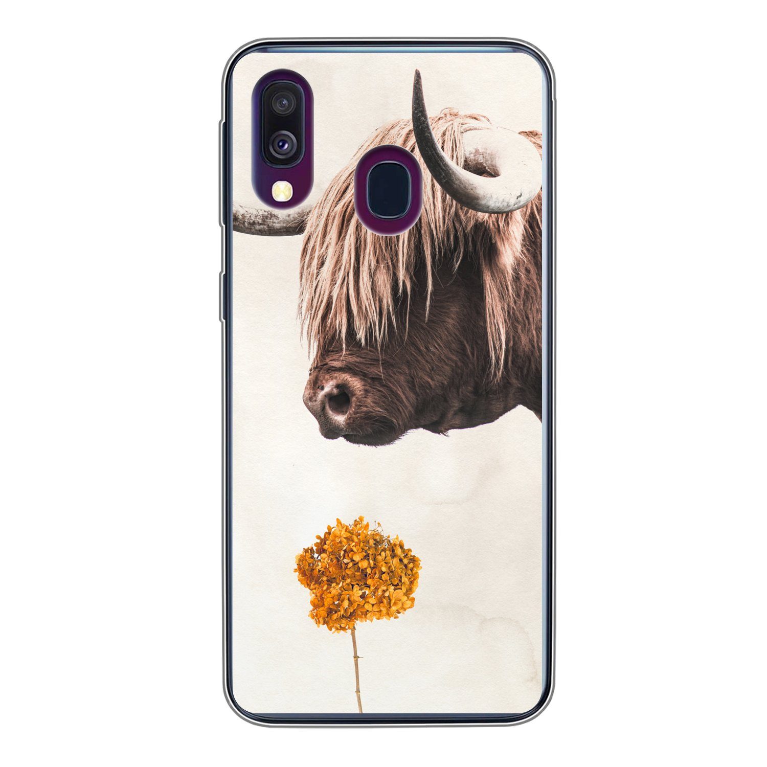 MuchoWow Handyhülle für Samsung Galaxy A40 Schottischer Highlander - Vintage - Blume, Smartphone-Bumper, Print, Handy Schutzhülle Dünn