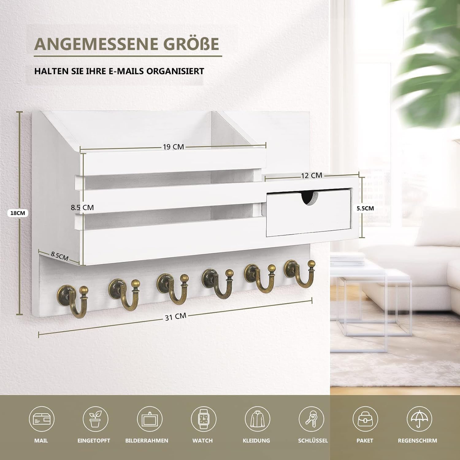 SURFOU Schlüsselbrett Schlüsselhalter Wand Schlüsselbrett Briefhalter mit 6 Schlüsselhaken, (mit Ablage hat Haken für Eingang Wohnzimmer Flur Büro), Wandhalterung Schlüsselhaken Wandregal Schlüssel und Briefhalter