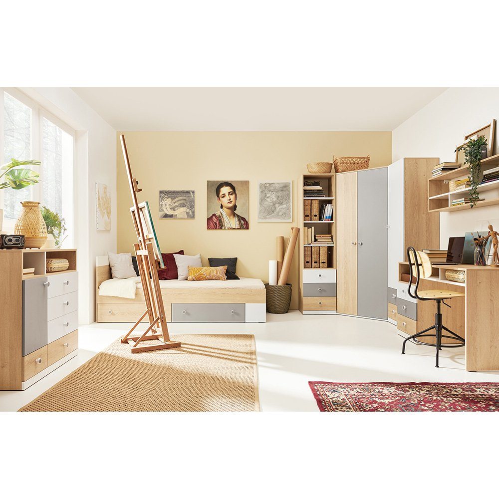 Lomadox Jugendzimmer-Set PINETO-133, (Sparset, 7-tlg), Eiche Nb., weiß, grau, 7-teilig, inkl. Schreibtisch