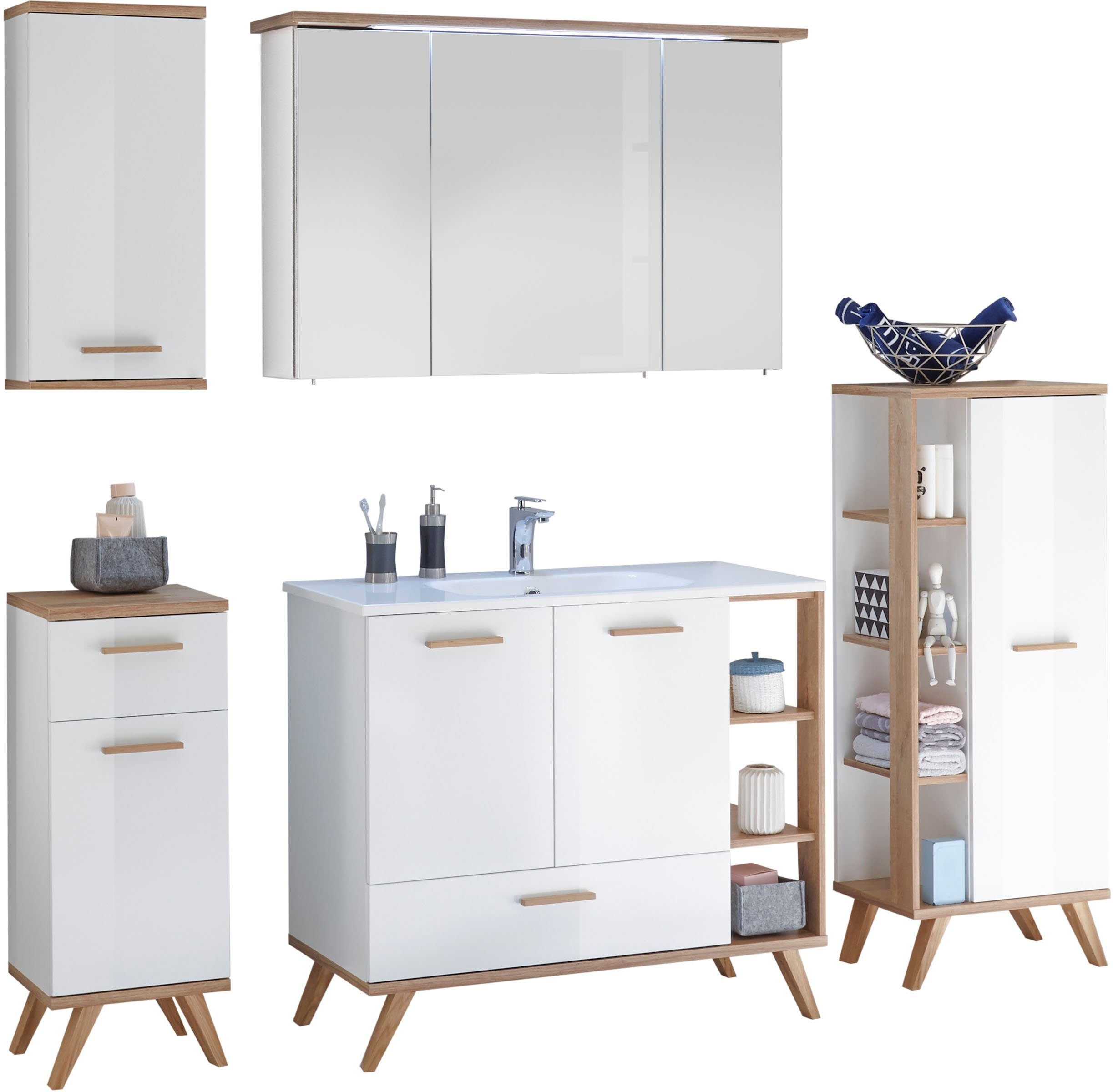 Saphir Badmöbel-Set Quickset Mineralmarmor-Waschtisch mit LED-Spiegelschrank, (6-St), Unterschrank, Hängeschrank, Midischrank, 8 Türen, 2 Schubladen