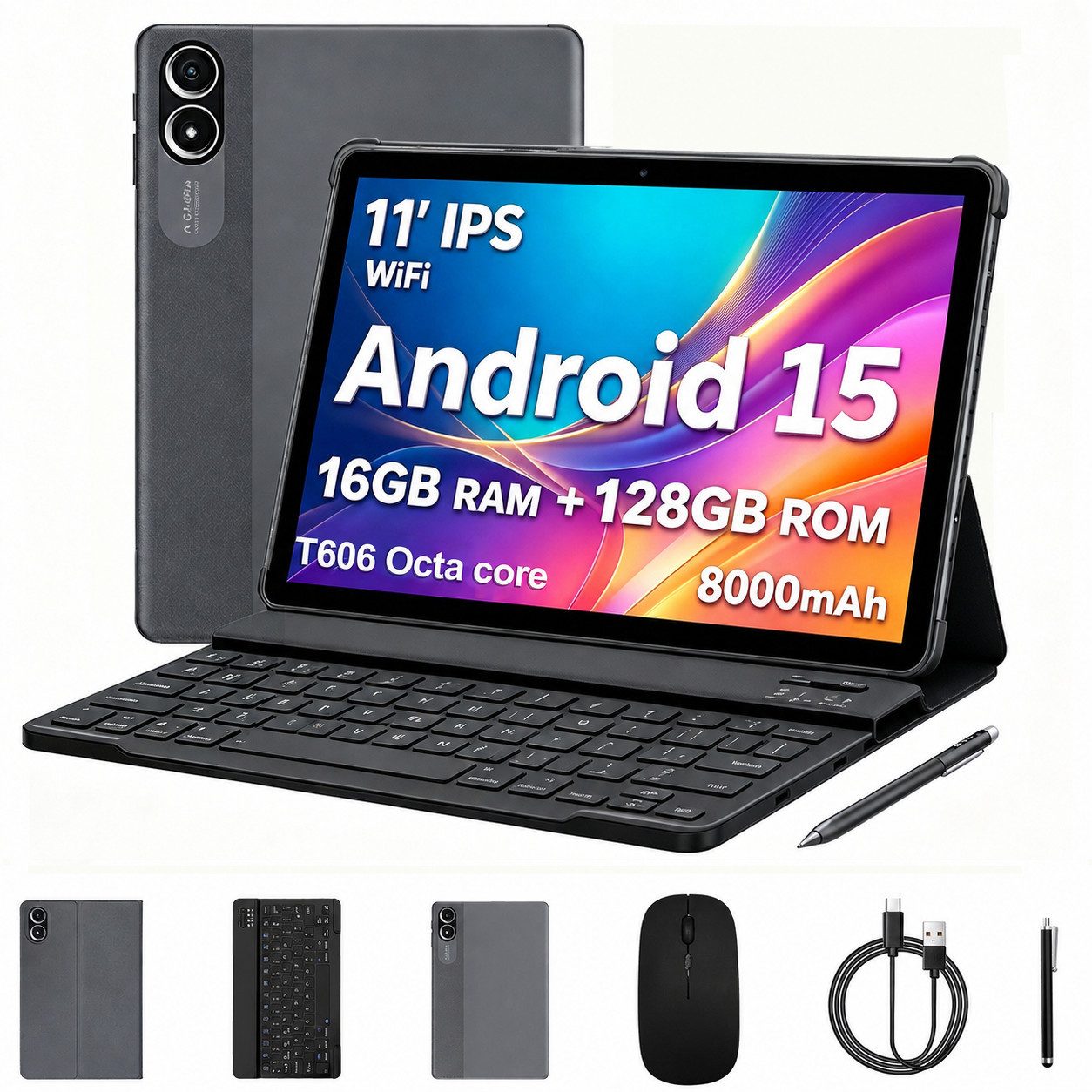 VASOUN TAB15 Android Tablet 11 Zoll,mit Tastatur,Stift,Maus, 8000mAh Tablet (11-Zoll-Tablet", 128 GB, ( 5G WiFi,8MP,FHD Display,zwei Lautsprecher)