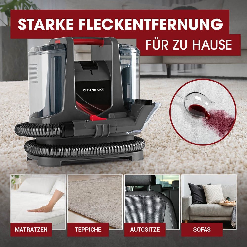 CLEANmaxx Teppichreinigungsgerät Polster- & Teppichreiniger mit Zubehör, 400 W, mit Beutel, Für Teppiche, Sofas & Autositze, 9 kPa