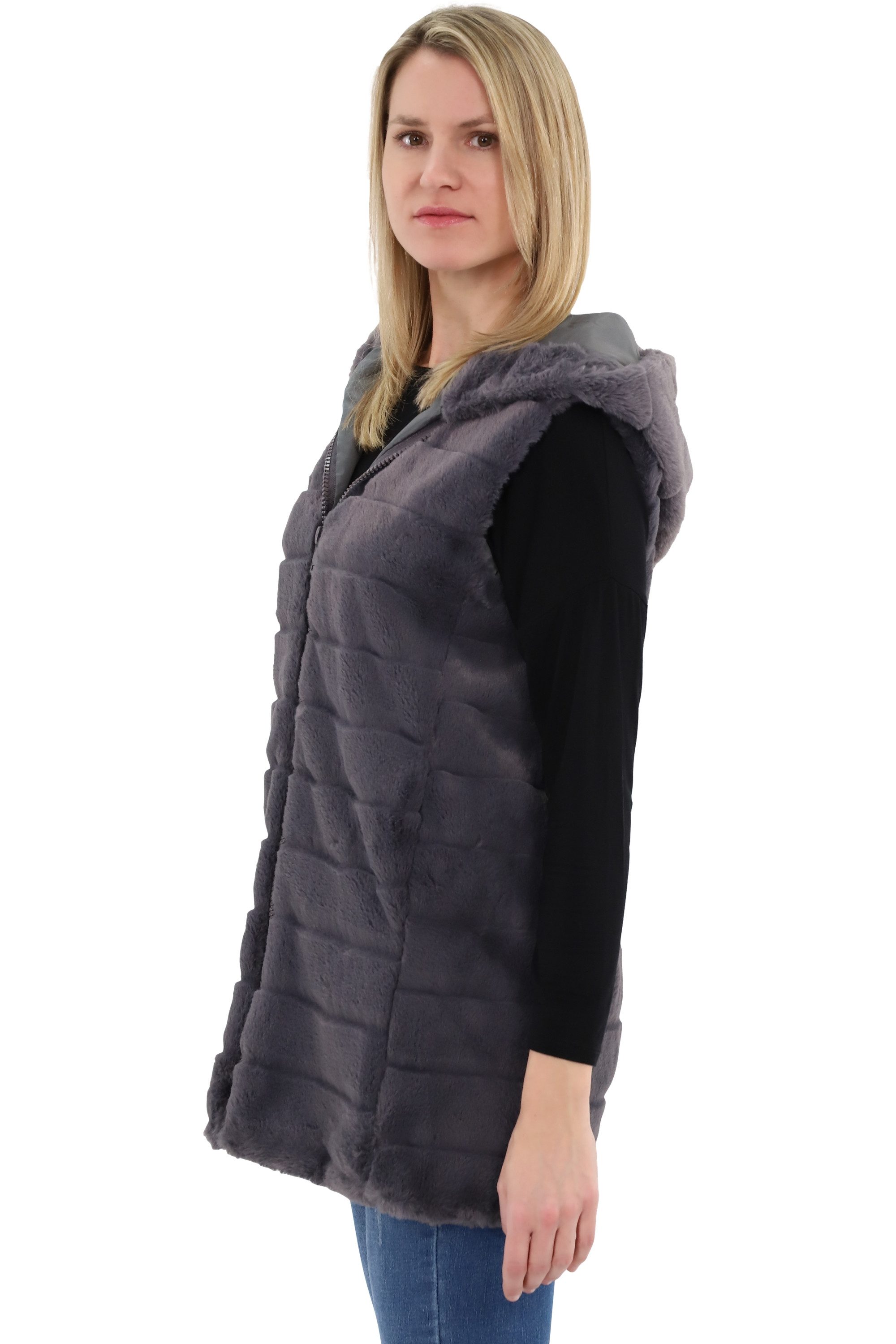 malito more than fashion Longweste malito Damen Longweste mit Kapuze, gerippte Weste aus Kunstpelz, mit Kapuze