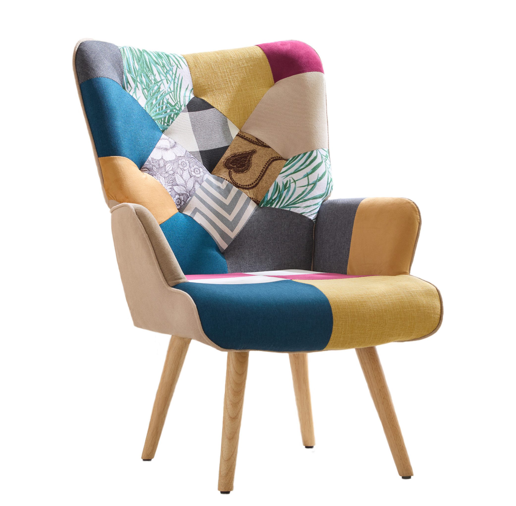 Aunekiv Sessel Patchwork-Sessel Ohrensessel aus Leinen mit Massivholz-Füßen (1-St), Relaxsessel für Wohnzimmer, Schlafzimmer & Leseecke