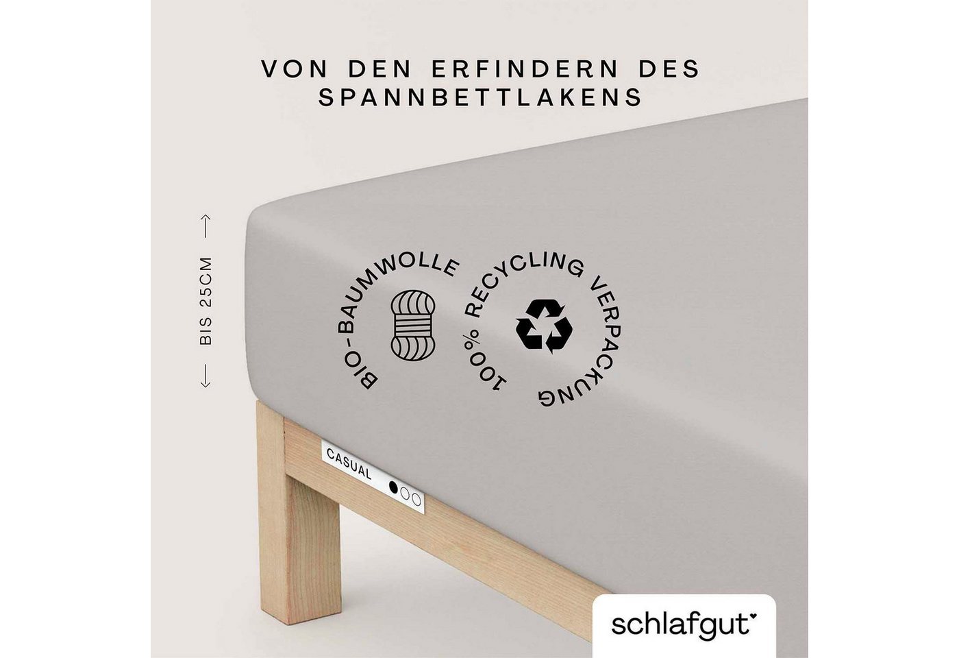 Schlafgut Spannbettlaken CASUAL Bettlaken 100% gekämmte Bio-Baumwolle, 150 g/m², Spannbetttuch, Jersey, Gummizug: rundum, (1 Stück), Bettlaken bis 25 cm Höhe, langlebig, weich, Antipilling-Ausrüstung