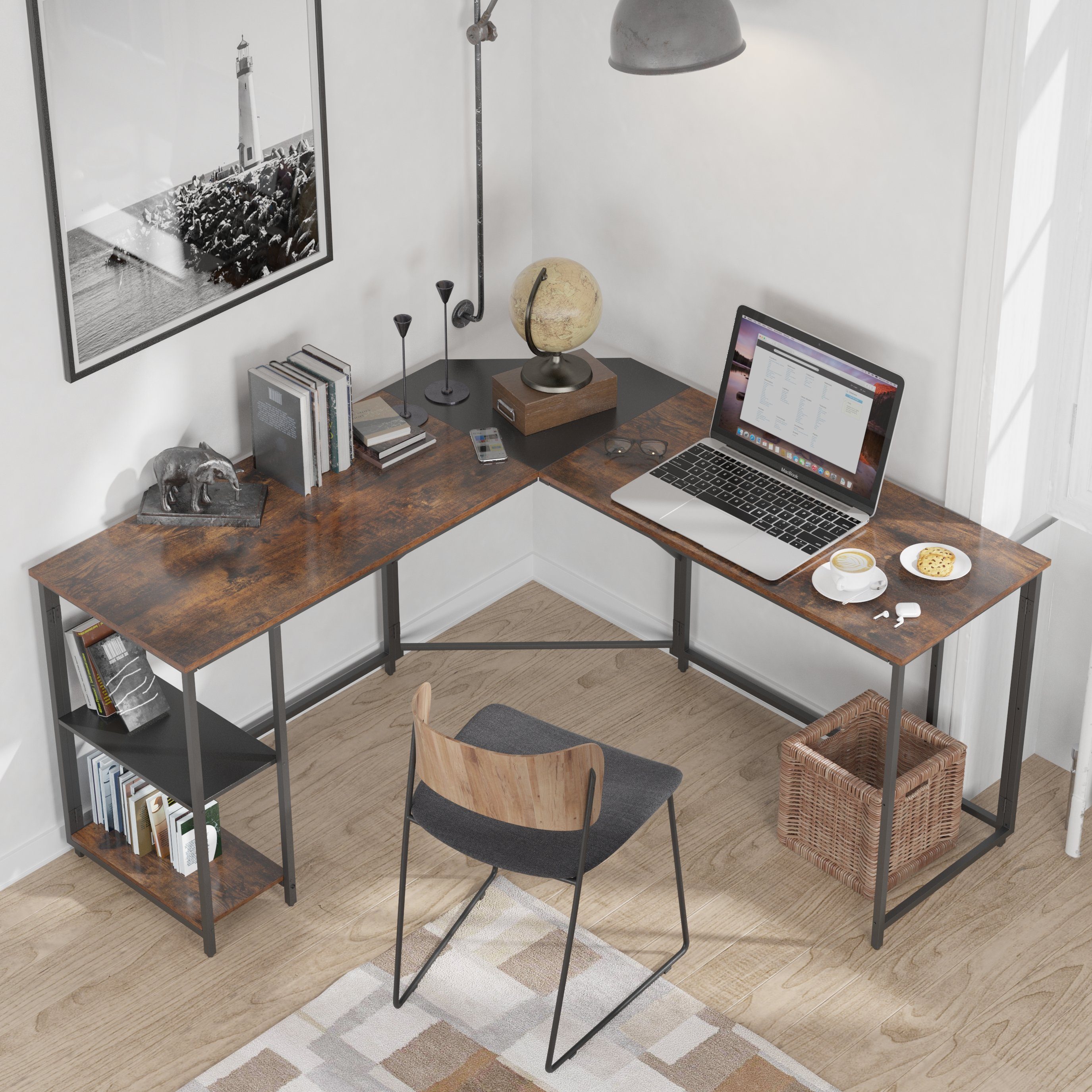 OKWISH Schreibtisch Schreibtisch Computertisch, L-Schreibtisch mit Ablage (Homeoffice (Schwarz+Rustikbraun) | Kinderschreibtische