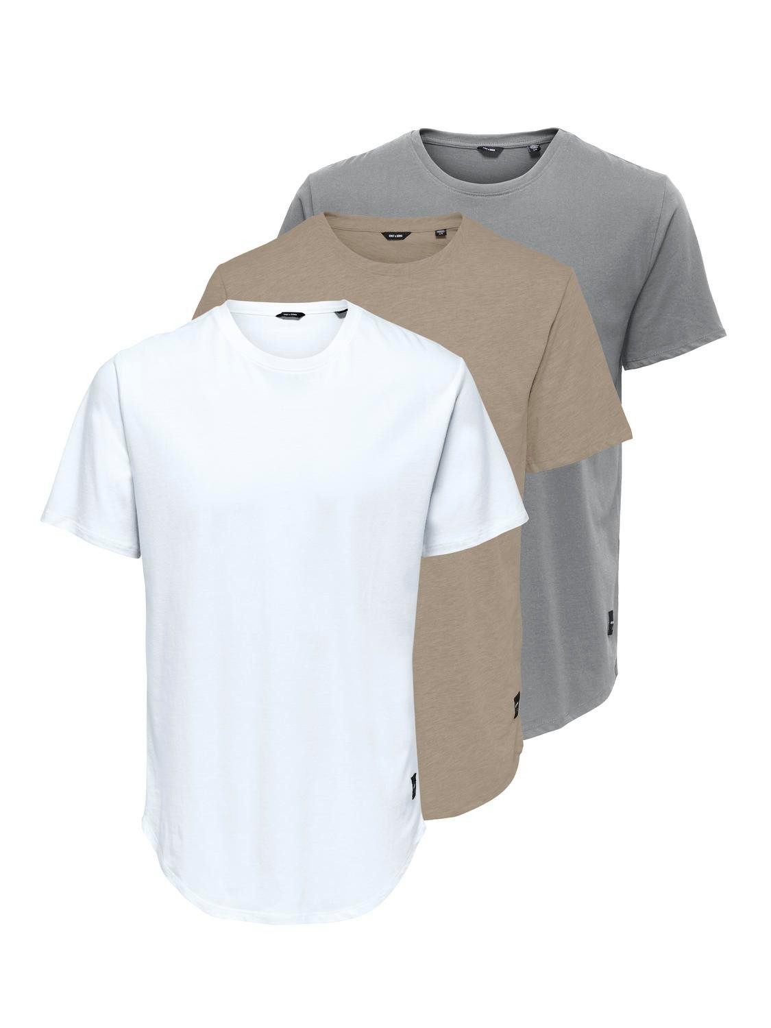 ONLY & SONS Rundhalsshirt ONSMATT LONGY SS TEE 3-PACK (Packung, 3-tlg) Baumwolle, lang geschnitten