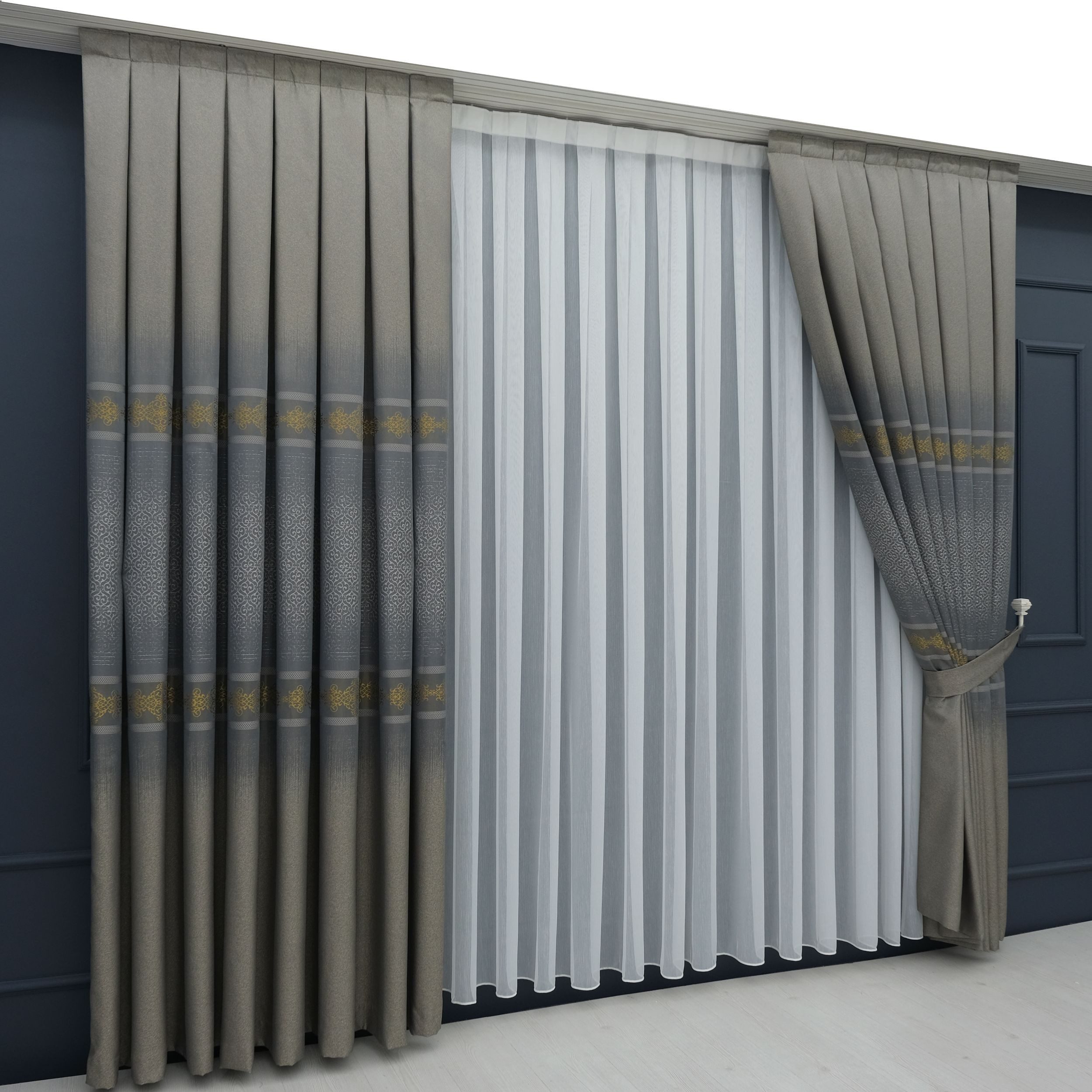 Gardinen by Justyna Vorhang Komplett-Set Vorhang Grau – Falten mit Store (5 St), Kräuselband, Fertiggardine, Halbtransparent, Faltenband, Komplett-Set, Pflegeleicht