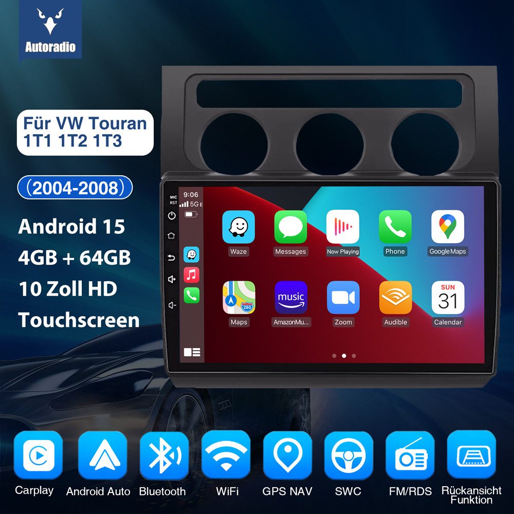 ESSGOO Für VW Touran 1T1 1T2 1T3 2003-2010 CarPlay Android 15 Navi WIFI Autoradio (RDS, Digitalradio (DAB), FM, AM, Apple Carplay Android Auto GPS Navi WIFI BT EQ)