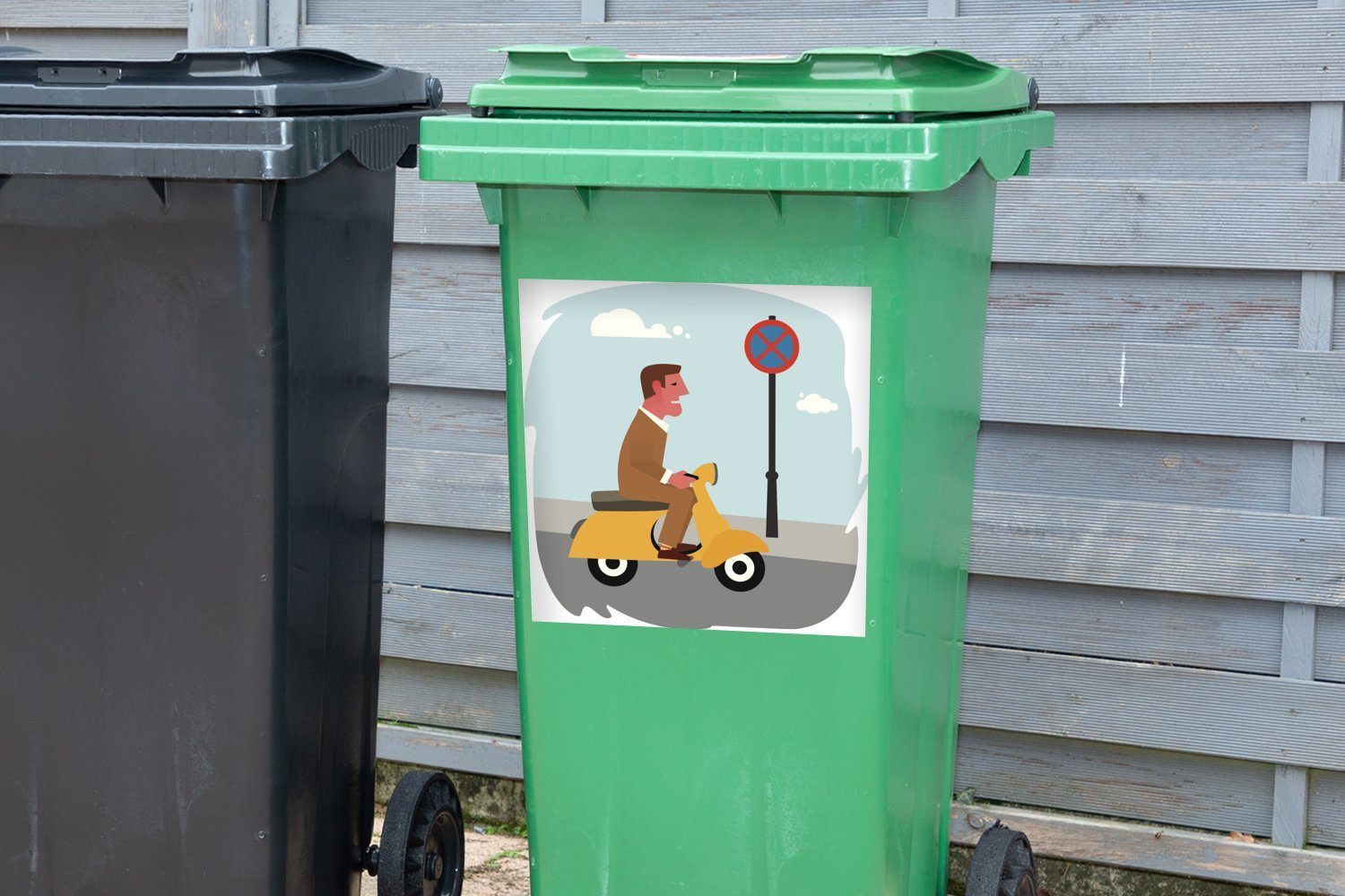 Vespa St), MuchoWow Sticker, Mannes Wandsticker eines Illustration einer Mülleimer-aufkleber, auf Mülltonne, Abfalbehälter Container, (1