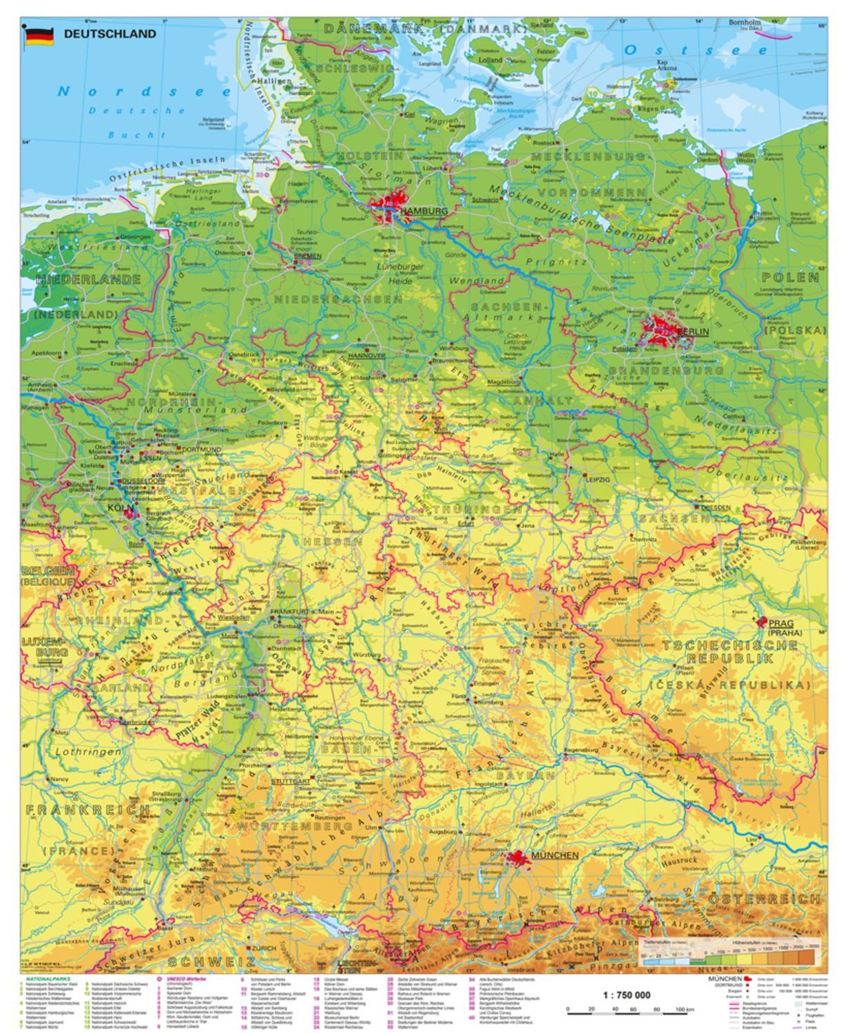 Deutschland physisch Wandkarte / Poster / Heinrich Stiefel