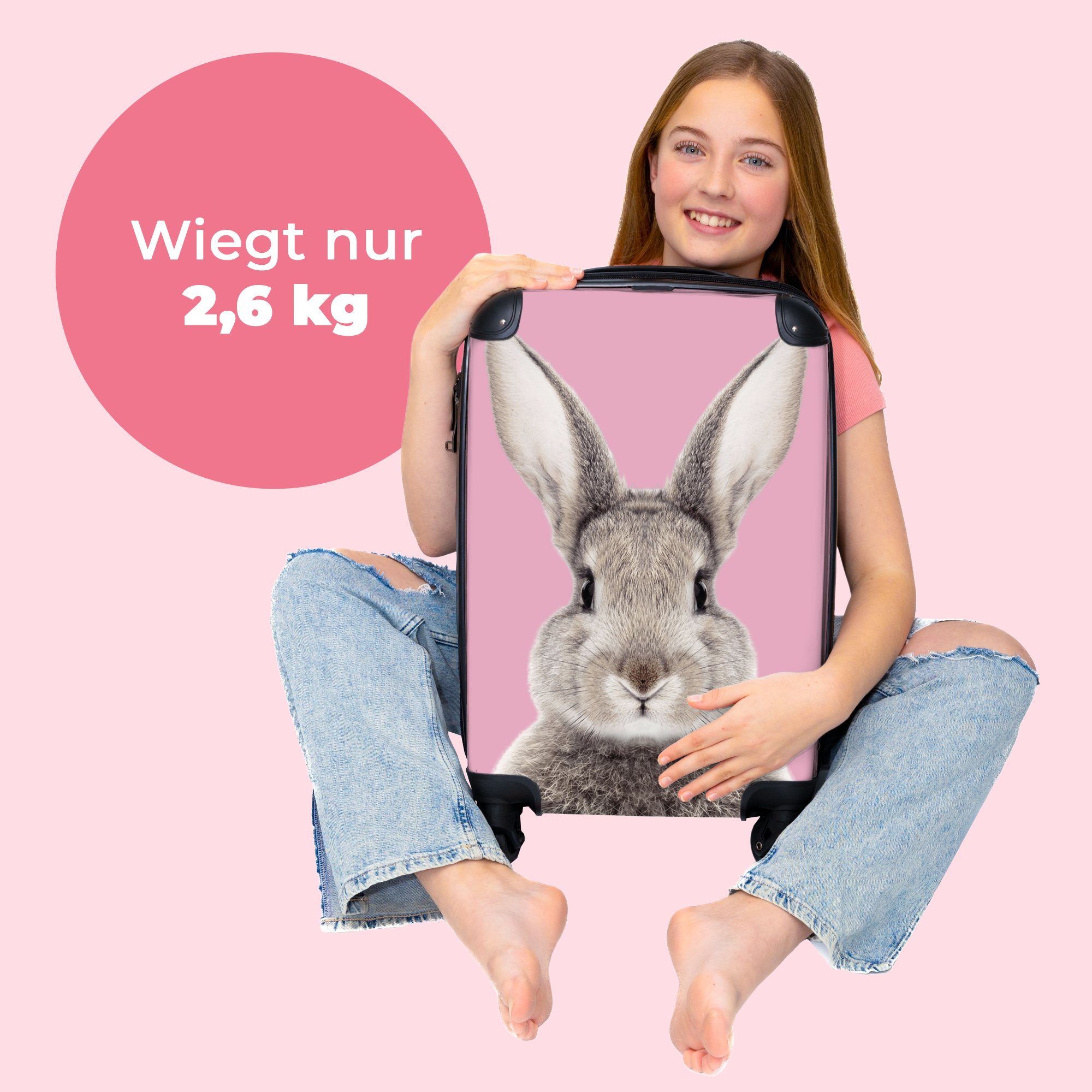 für Mädchen, 4 Ferien, rollen, 55x35x20cm Kindertrolley, Handgepäck - Reisetasche Rosa mit - Koffer Kaninchen Kinderkoffer Rollen, NoBoringSuitcases.com©