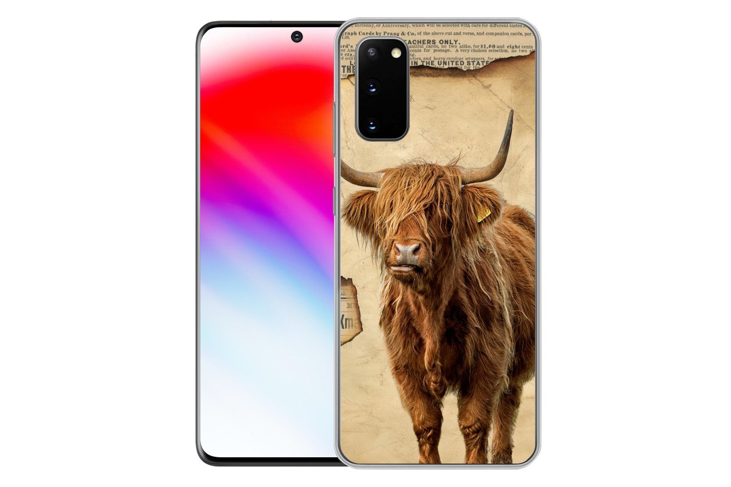 MuchoWow Handyhülle für Samsung Galaxy S20 Schottischer Highlander - Retro - Zeitungsartik, Phone Case, Silikon, Schutzhülle Dünn