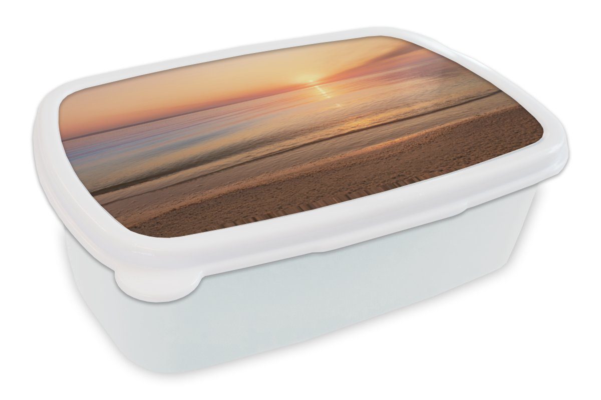 Erwachsene, für MuchoWow Brotbox weiß Meer Kunststoff, Kinder Jungs - und Rosa für - (2-tlg), Lunchbox Mädchen Brotdose, Sonnenuntergang, und Strand -