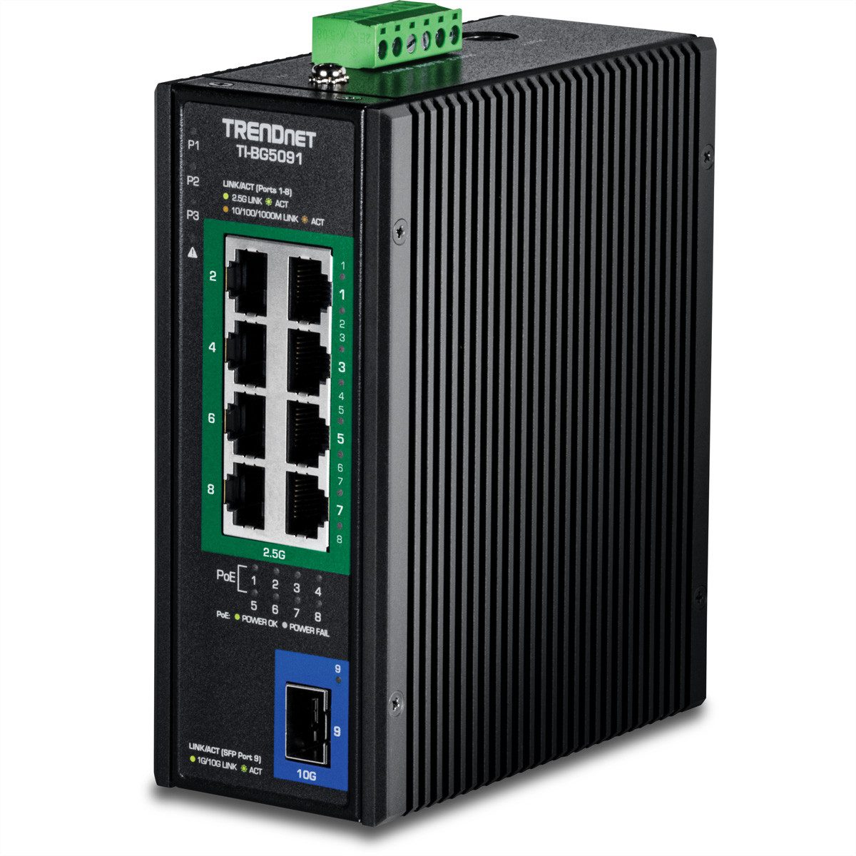 Trendnet TI-BG5091B DIN-Rail Switch 2,5G 9-Port Industrial PoE++ mit 10G Ports Netzwerk-Switch