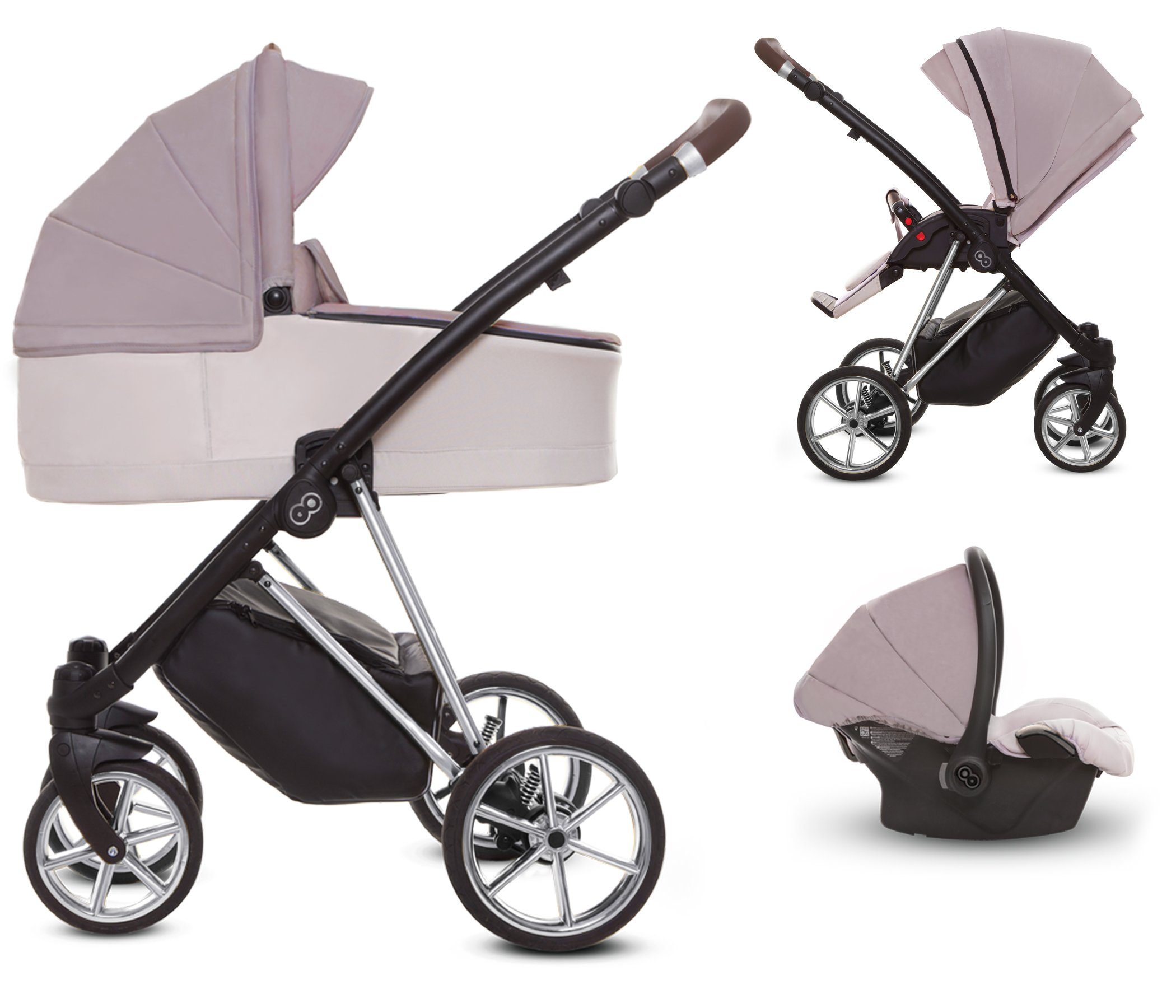 TPFLiving Kombi-Kinderwagen 3 in 1 Musse Ultra, Baby Buggy Babywanne Autositz, großes Zubehör-Set Kinderwagen 3 in 1 Stoff Pastell, Gestell Chrom Pastel | Gestell Chrom