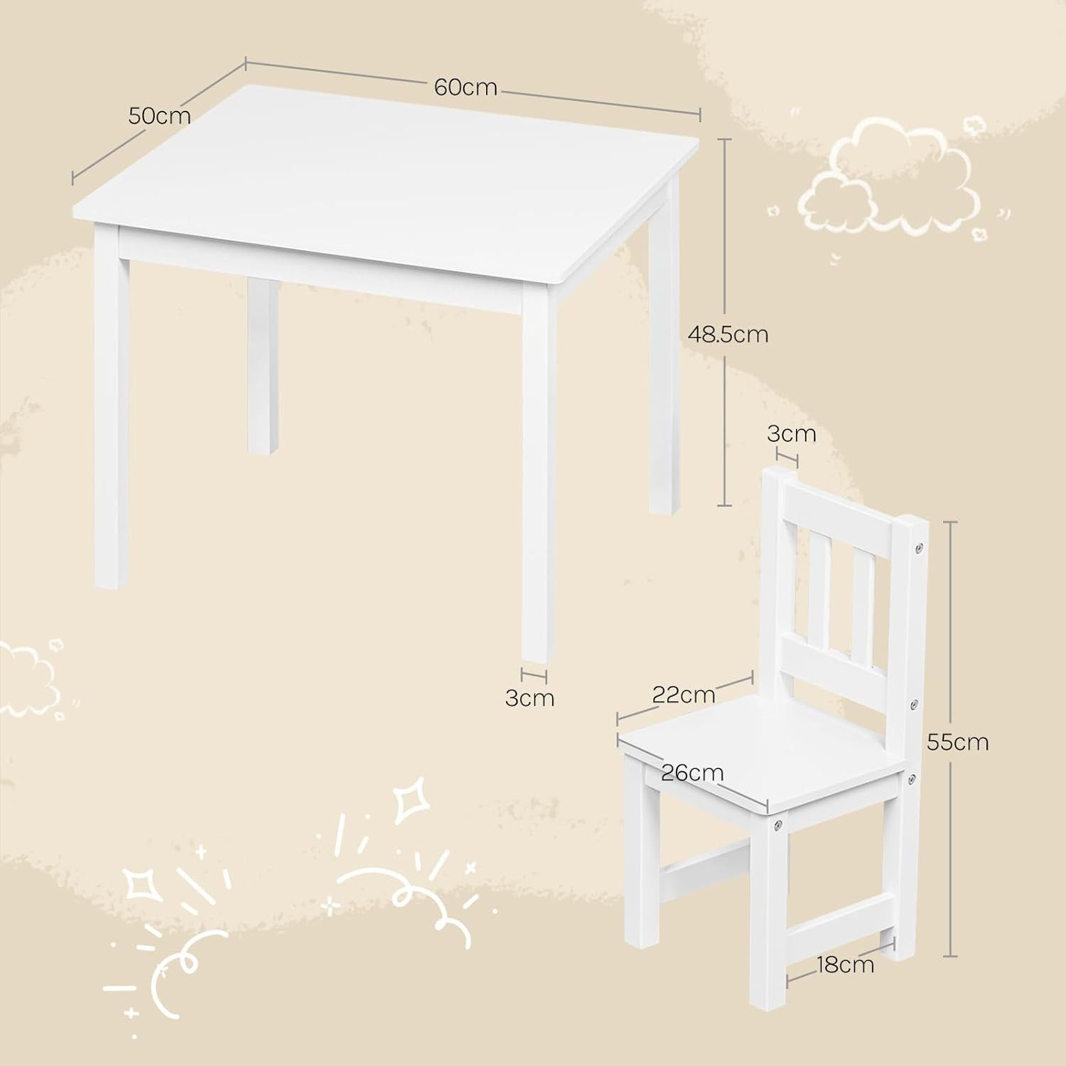 Woltu Kindersitzgruppe, Kindertisch mit 2 Stühle, Holz 60x50x48cm, Weiß+Grau