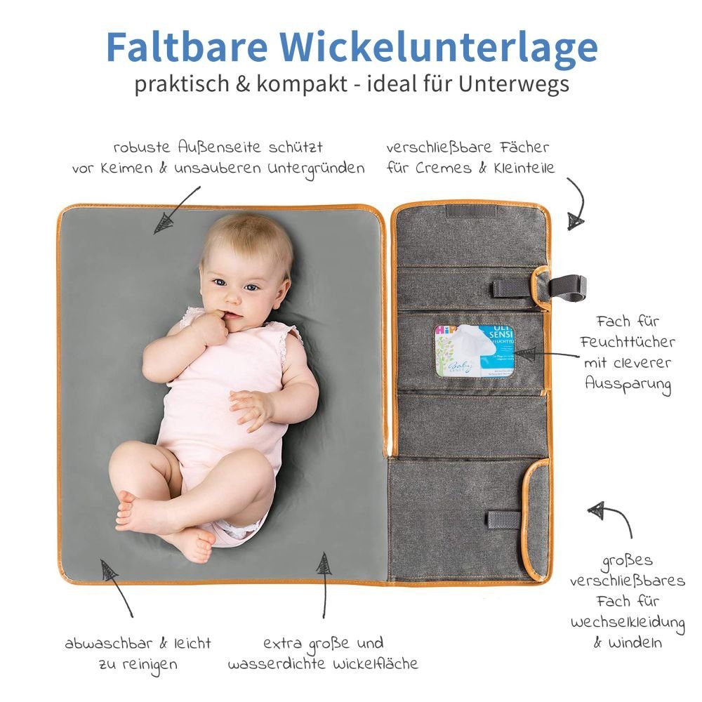 Zamboo Wickelauflage - Grau, Wickelunterlage Melange Wickel-Kit unterwegs Faltbare Wickeltasche Reise Baby für
