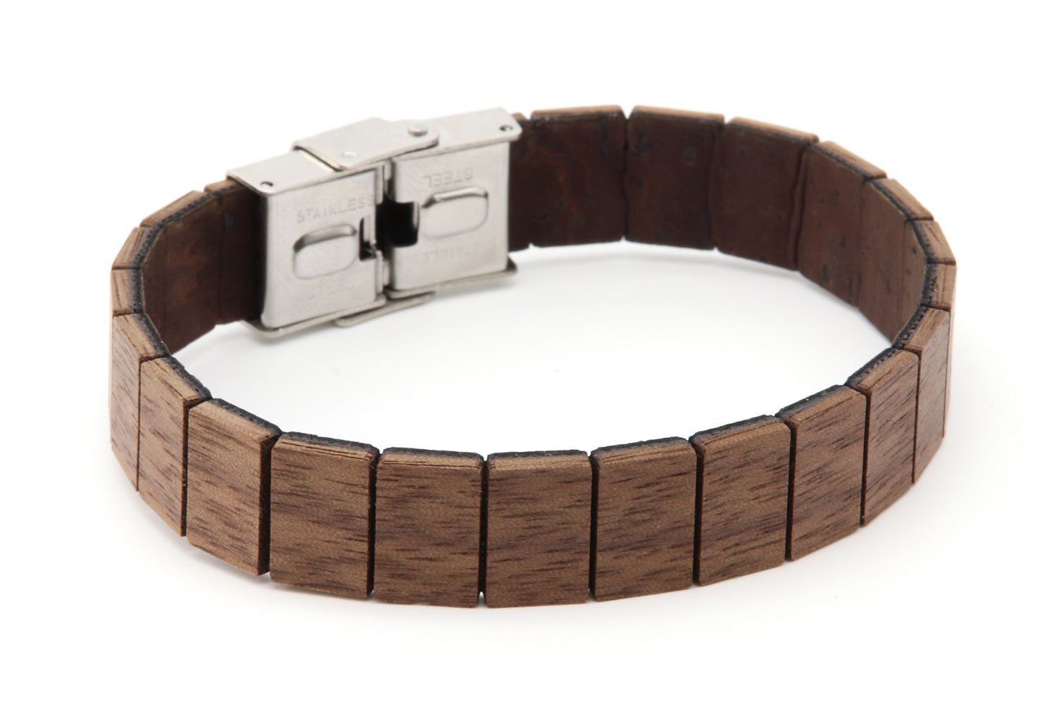 NaturSchatulle Gliederarmband aus Holz und Kork "Woody" thick (Holzschmuck, Holz Armband, Kork, Nussbaum, Edelstahl Verschluss), Unisex Schmuck Armband Holz, Armband Partnerlook, Verstellbar