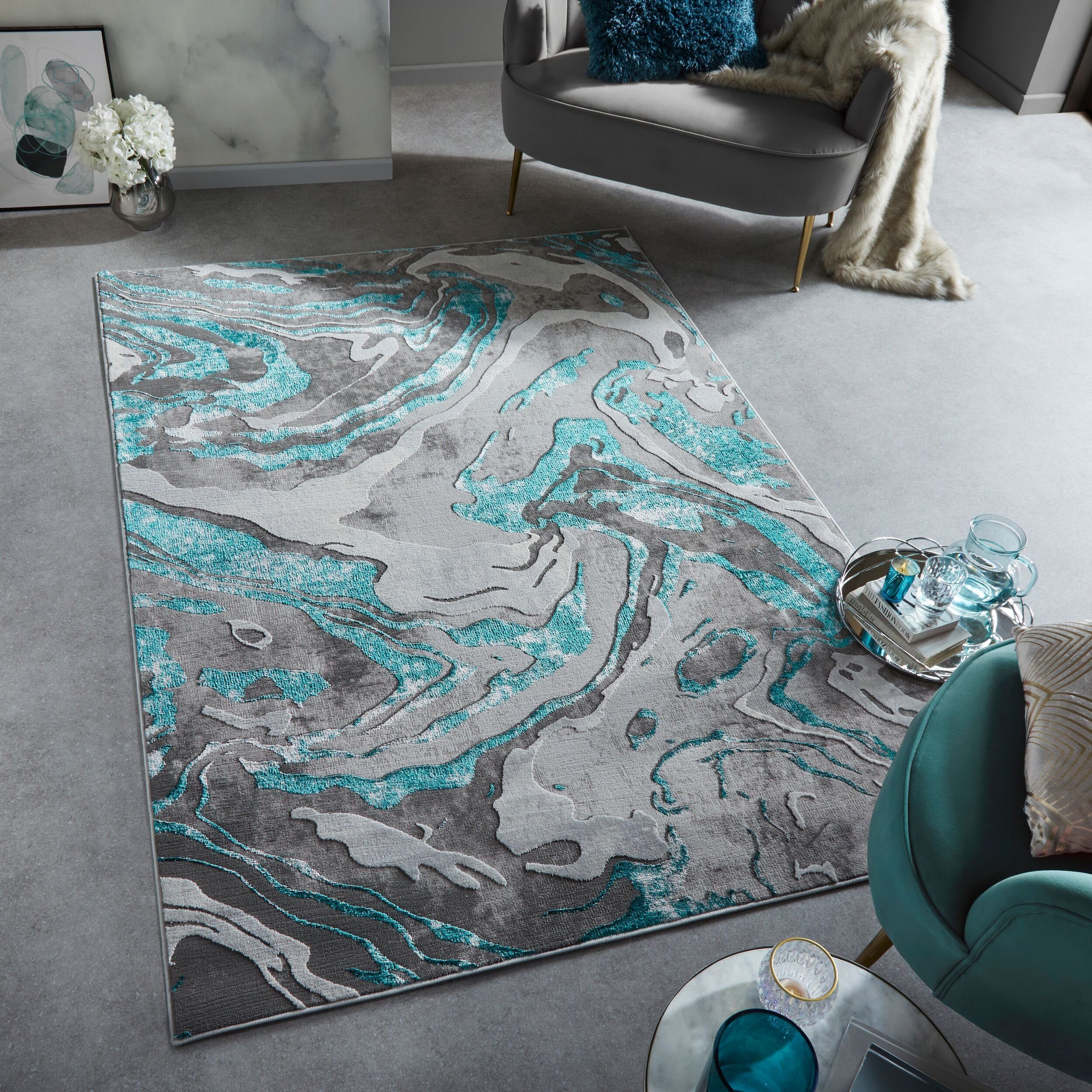 KADIMA DESIGN Teppich OUSE Designerteppich Kurzflor Marmor abstrakt modern 80x150 Grün-Grau, Läufer, Höhe: 16 mm, Polypropylen-Polyester, Esszimmer, elegant, superweich, pflegeleicht