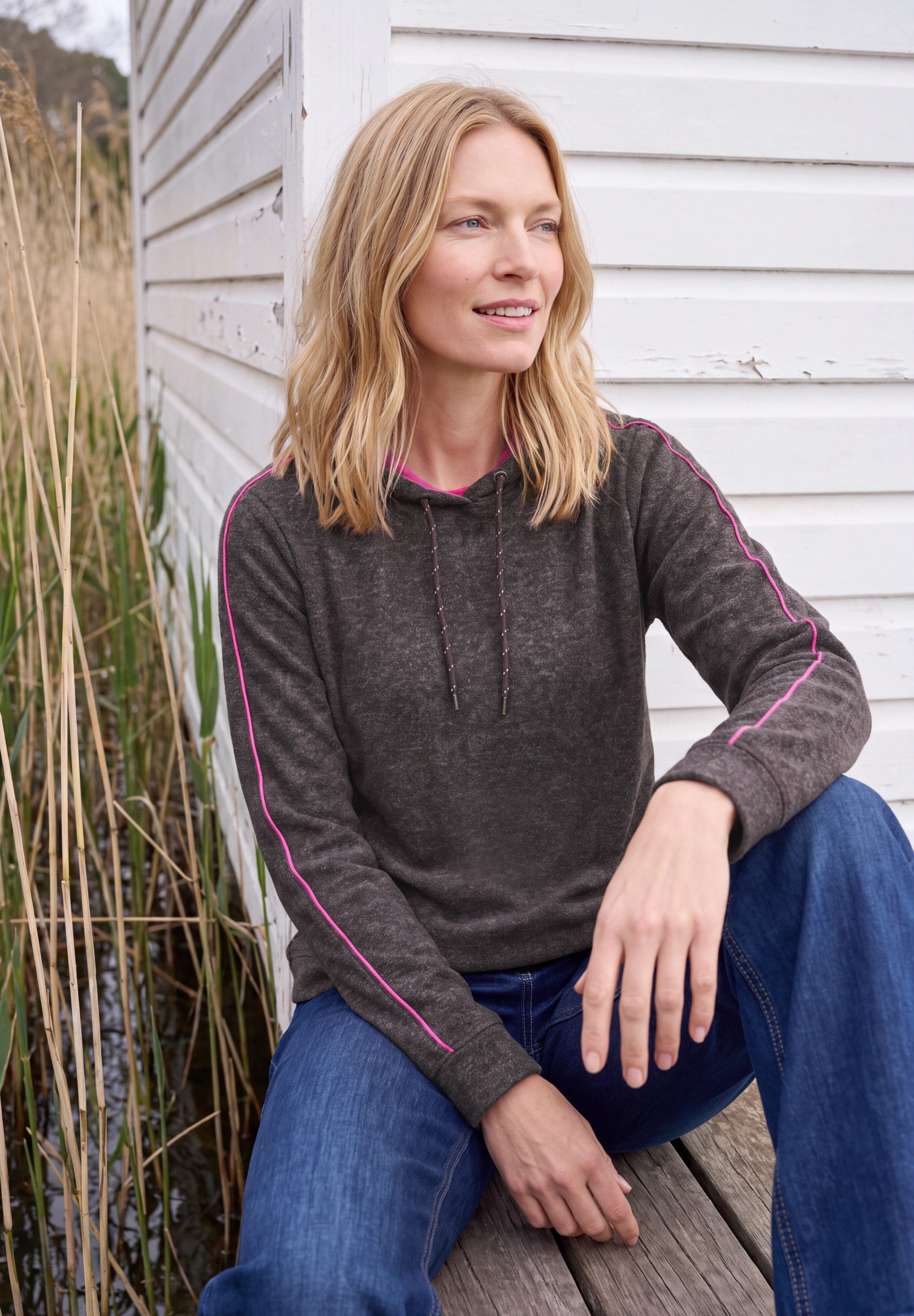 CECIL Sweater mit Hoodie und Piping / Meliert / Viskose-Stretch