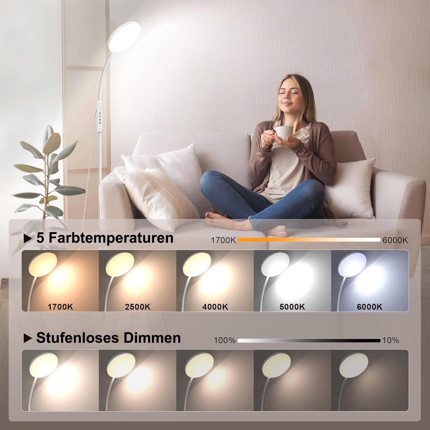 LMaxhome Stehlampe Dimmbare LED Wohnzimmerlampe Leselampe für Schlafzimmer, günstig online kaufen