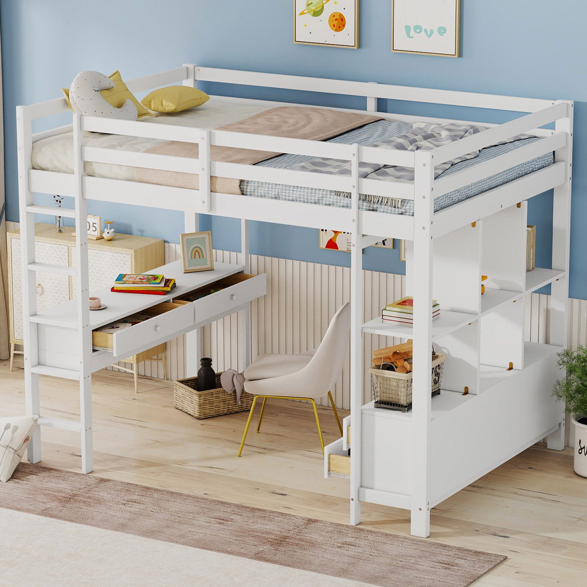 SOFTWEARY Hochbett (Doppelbett mit Lattenrost, Schreibtisch günstig online kaufen