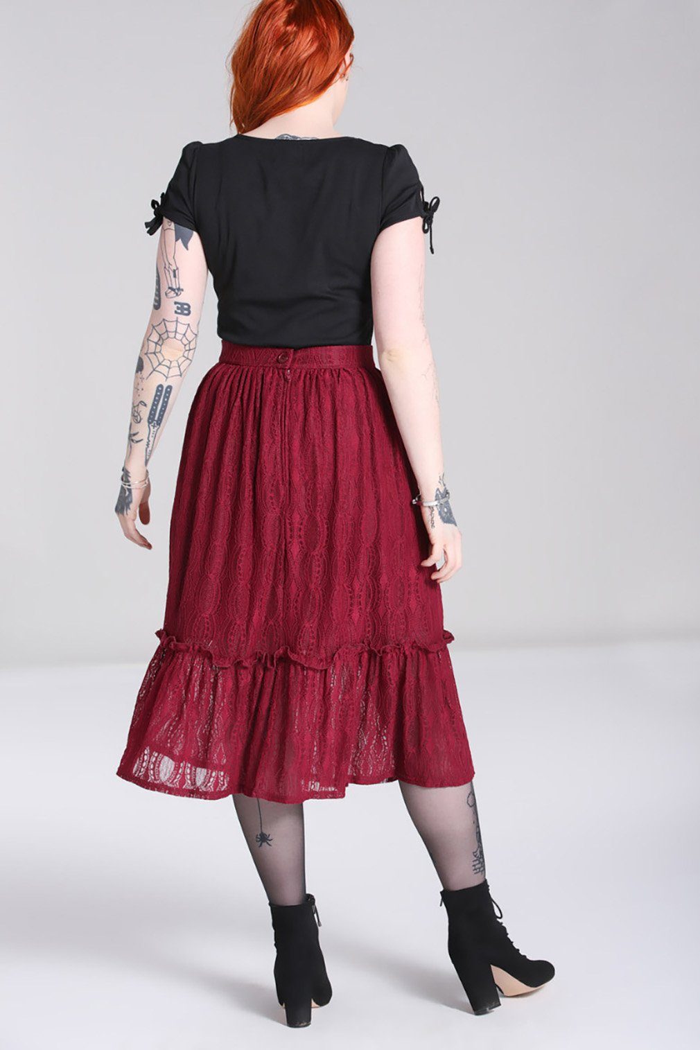 Hell Bunny Rüschenrock Rhea Rüschen Volantrock Burgunder Retro Vintage Skirt Spitze